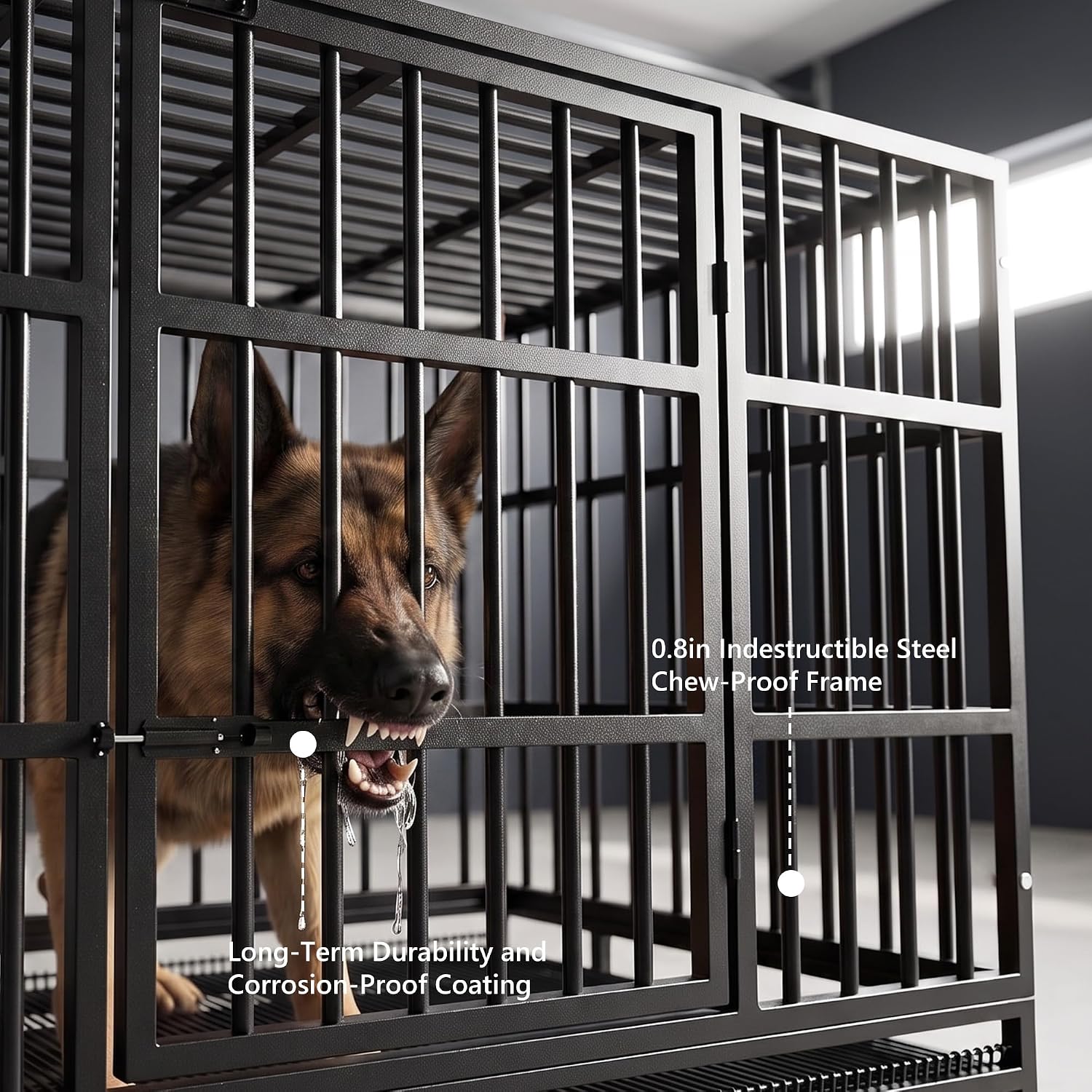 LEMBERI 48" Heavy Duty Dog Crate, Indestructible Escape-Proof Cage Kennel for Large Dogs, High Anxiety Dog Crate with Removable Wire Trays & Lockable Wheels, Extra Large XL XXL, Black - Image 3