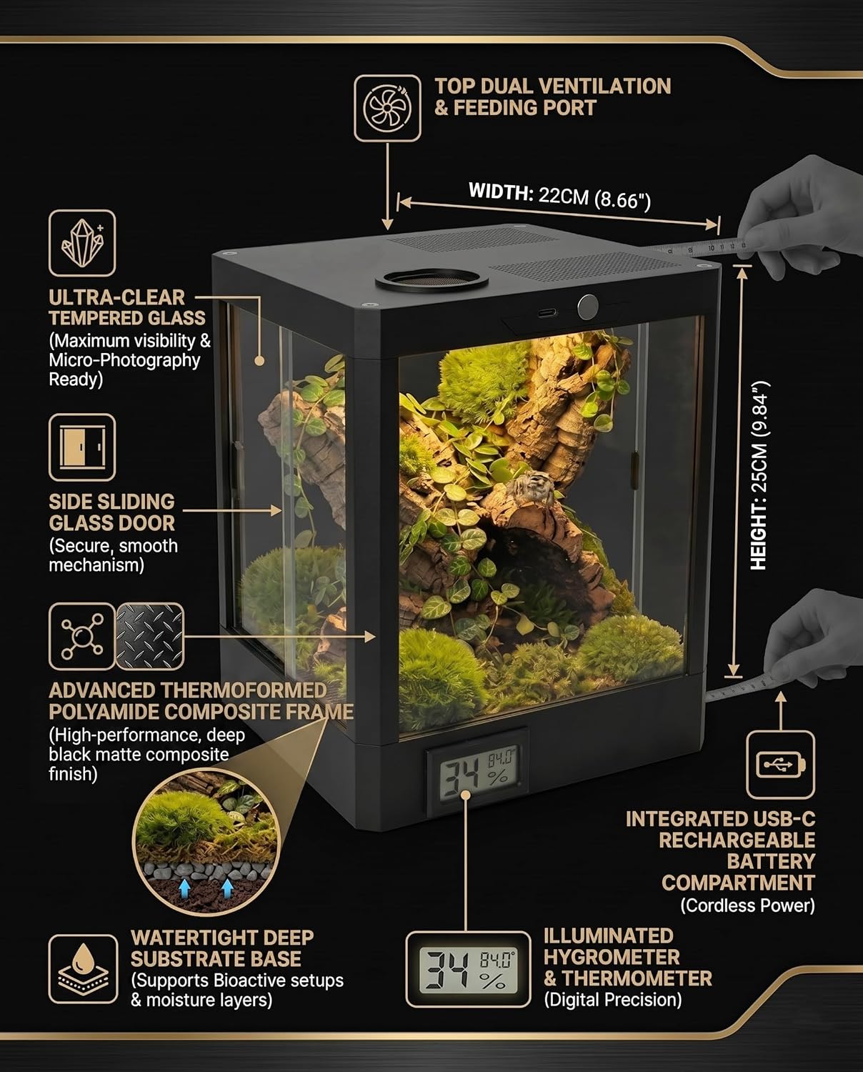Smart Jumping Spider Terrarium with LED Light & Temp Humidity Monitor – Micro-Jungle Reptile Enclosure, Vertical Desktop Rainforest Ecosystem Display Decor - Image 6