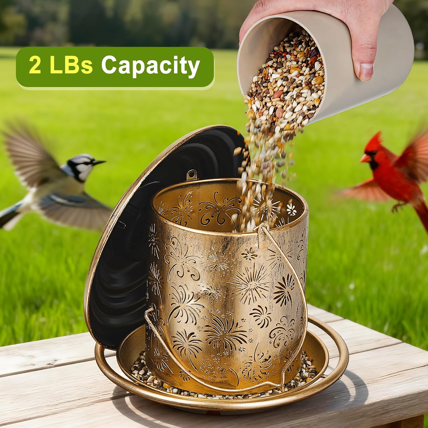 Solar Bird Feeders for Outdoors, Weatherproof Metal Bird Feeder, Outside Hanging Birdfeeder Lantern with Flowers Pattern for Courtyard Garden Decoration - Image 6