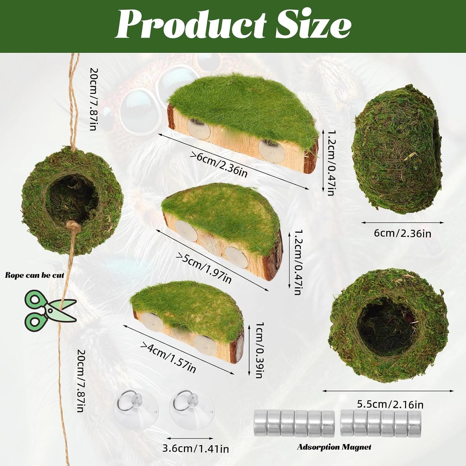 Jumping Spider Habitat Kit, Green Moss Hideout Cave and 3 Pcs Resting Feeding Platforms, Suction Cup Magnet Terrarium Decor for Jumping Spider Small Reptiles - Image 2