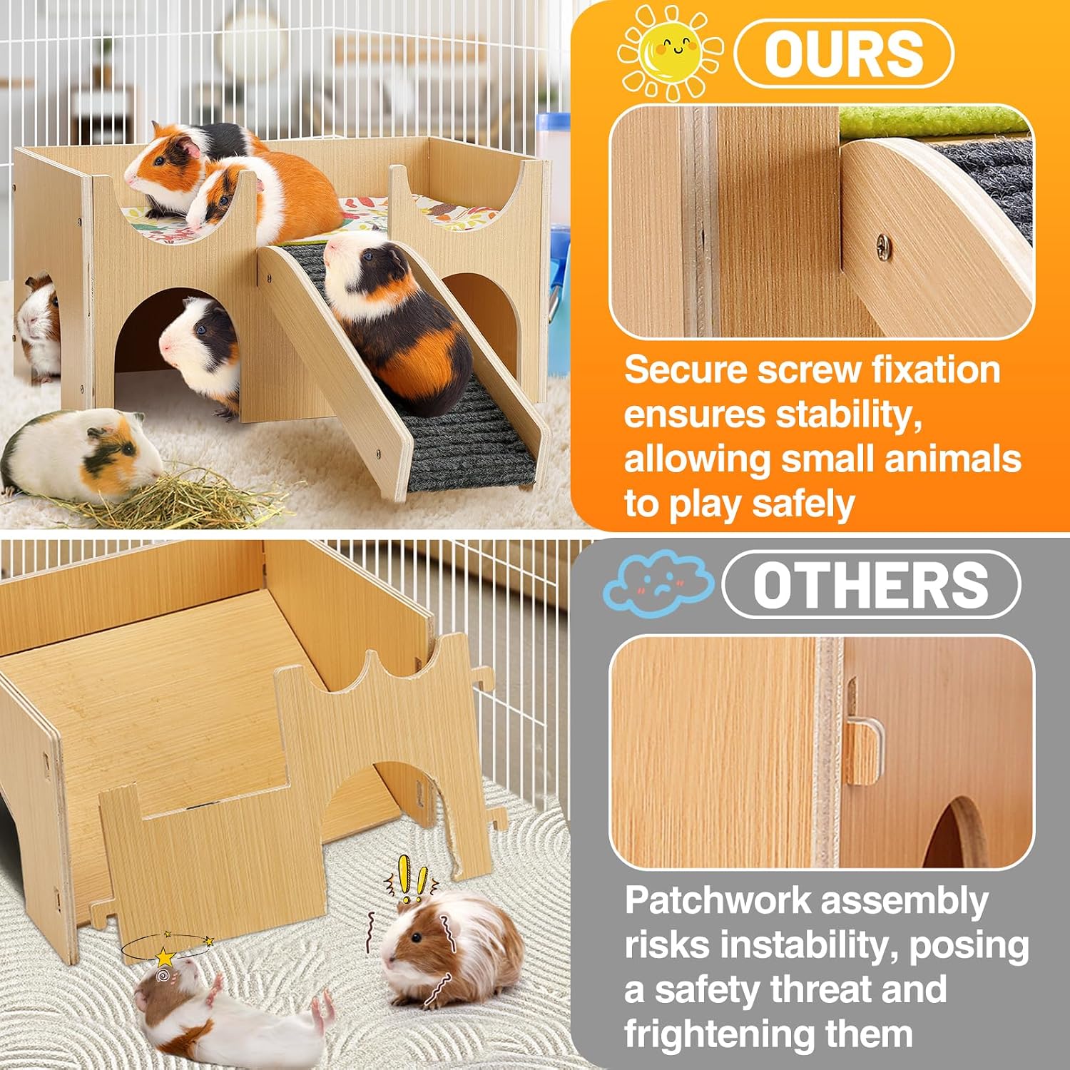 Upgraded Guinea Pig Castle, Sturdy Wooden Guinea Pig Hideout, Small Animal House Bed Hut Habitats with Stairs, Easy to Assemble for Hamsters Bunny Chinchillas Playing Hiding - Image 2