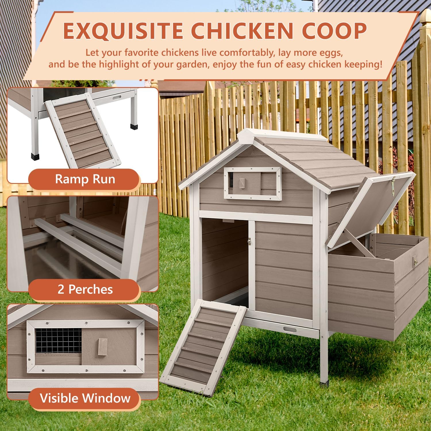 Chicken Coop Chicken House Outdoor with 2 Nesting Box, Wooden Hen Rabbit Pet House Hutch Poultry Cage with Removable Trays, Ramp (32" L x 23.6" W x 36.6" H) - Image 3