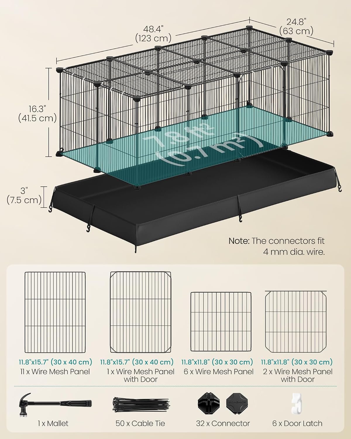 SONGMICS Guinea Pig Cage, Rabbit Cage, Small Animal Playpen with Waterproof Mat, Top and Side Door, 20 Panels, 48.4 x 24.8 x 16.3 Inches, Ink Black ULPI012BH01 - Image 5