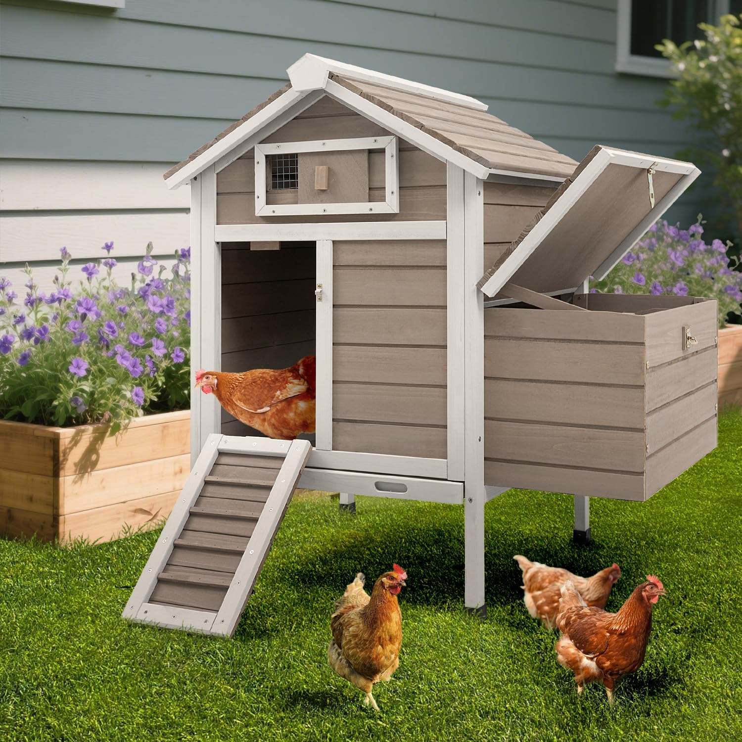 Chicken Coop Chicken House Outdoor with 2 Nesting Box, Wooden Hen Rabbit Pet House Hutch Poultry Cage with Removable Trays, Ramp (32" L x 23.6" W x 36.6" H)