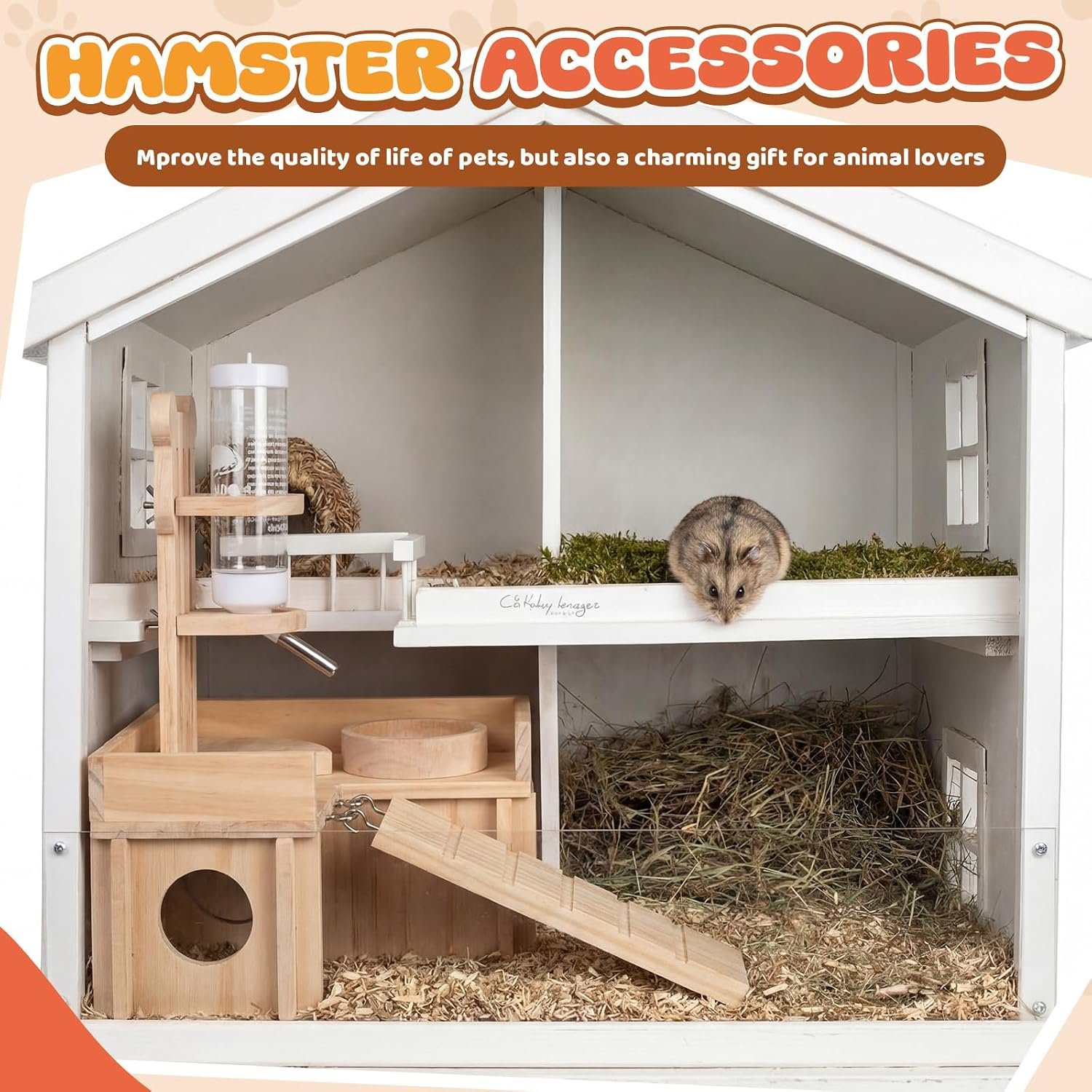 Hamster Cage Accessories, 4 Pcs Wooden Dwarf Hamster Hideout House with Ladder Platform, Feeding Bowl, Water Bottle with Holder Stand for Gerbil Rat Mice Small Animal Habitat Decor - Image 7
