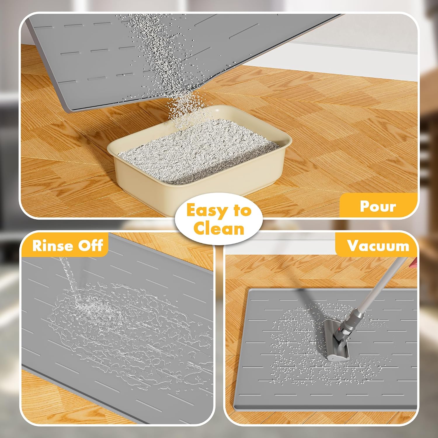 Pieviev Silicone Cat Litter Trapping Mat, 34''x22'' Large Cat Litter Mat, Easy to Clean & Soft on Kitty Paws, Waterproof Kitty Litter Pads for Indoor Cats, Light Grey - Image 5