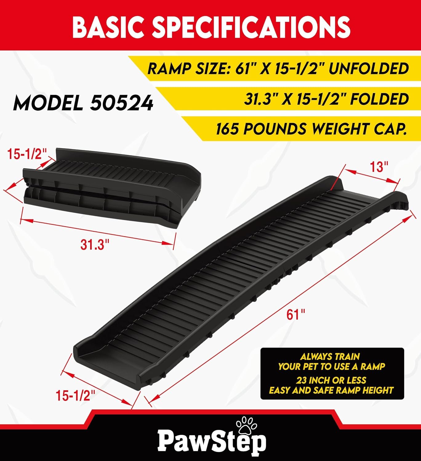 PawStep 61" Folding Pet Ramp, Portable Dog Ramp for Cars, SUVs, Beds & Couches, Lightweight PP Construction, Textured Surface, Optional Carpet for Added Traction, 165 lb Capacity (50524) - Image 4