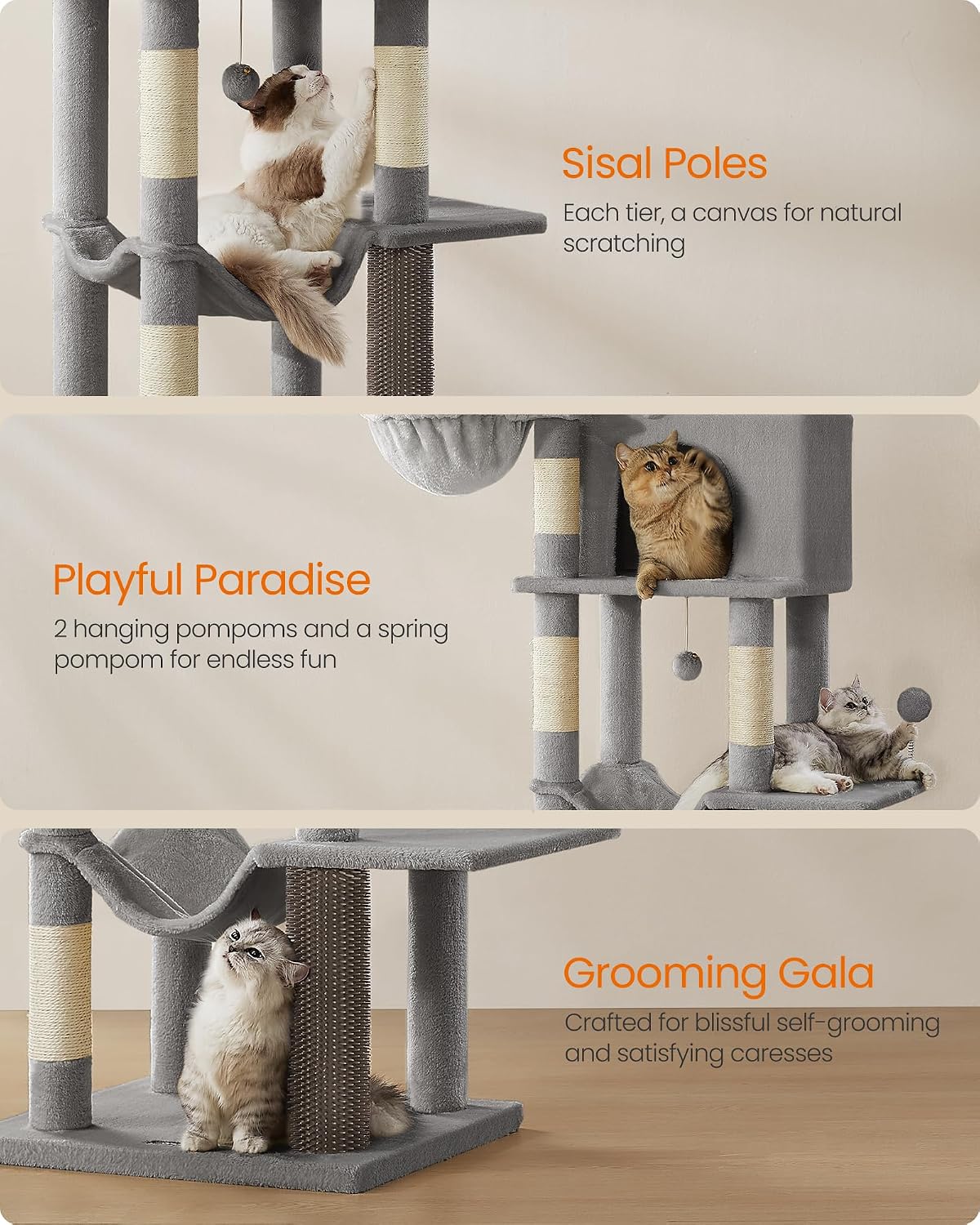 Feandrea Cat Tree, 69-Inch Tall Cat Tower, Multi-Level Plush Condo with 2 Caves, 2 Baskets, 5 Scratching Posts, Self-Groomer, Perch, Hammock, Dove Gray UPCT182G01 - Image 6