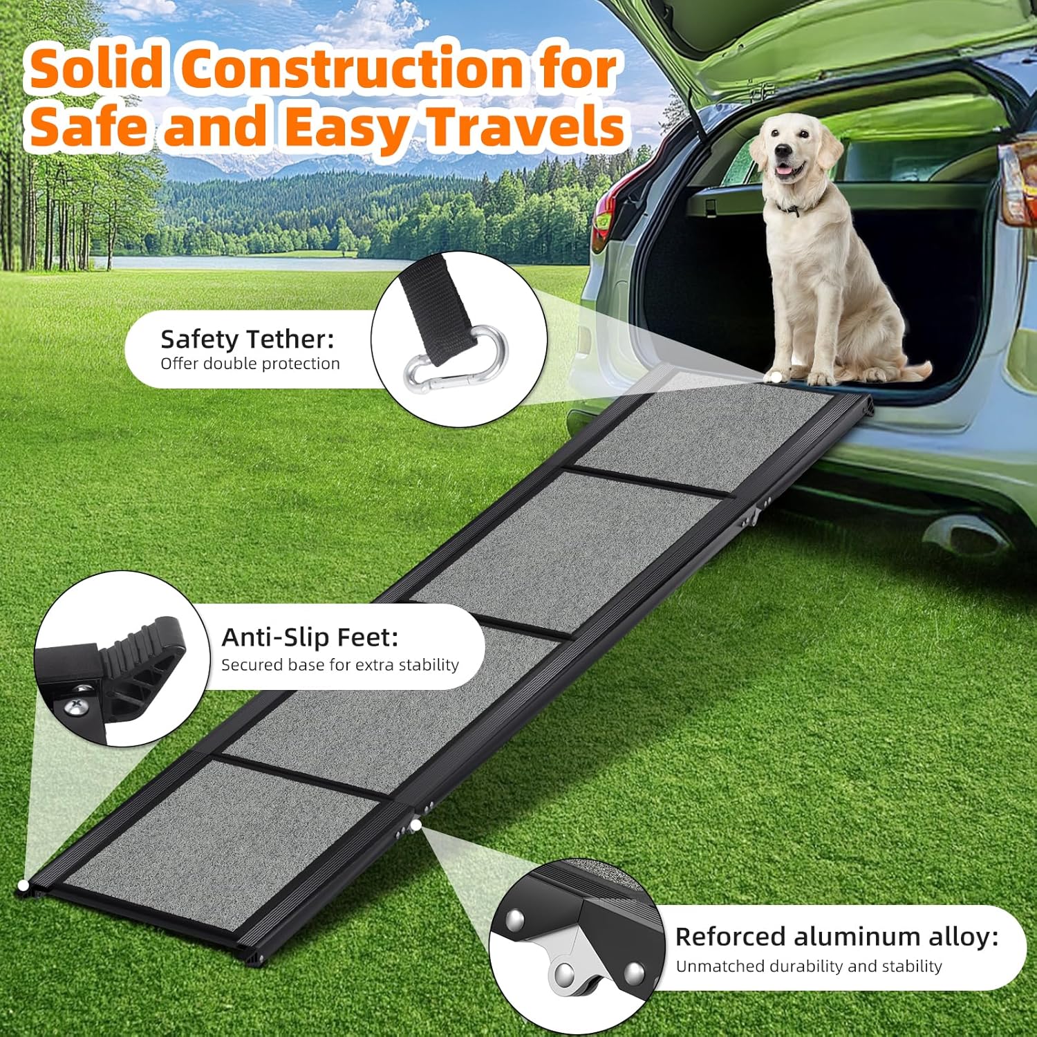 Dog Ramp for Car 𝟕𝟏”𝐱𝟐𝟎” Large Folding Pet Stair Ramps for Truck, SUV, with Non-Slip Surface, Up to 250LBS, Outdoor Dog Car Ramp for Medium & Large Dogs, Portable Pet Steps - Image 7
