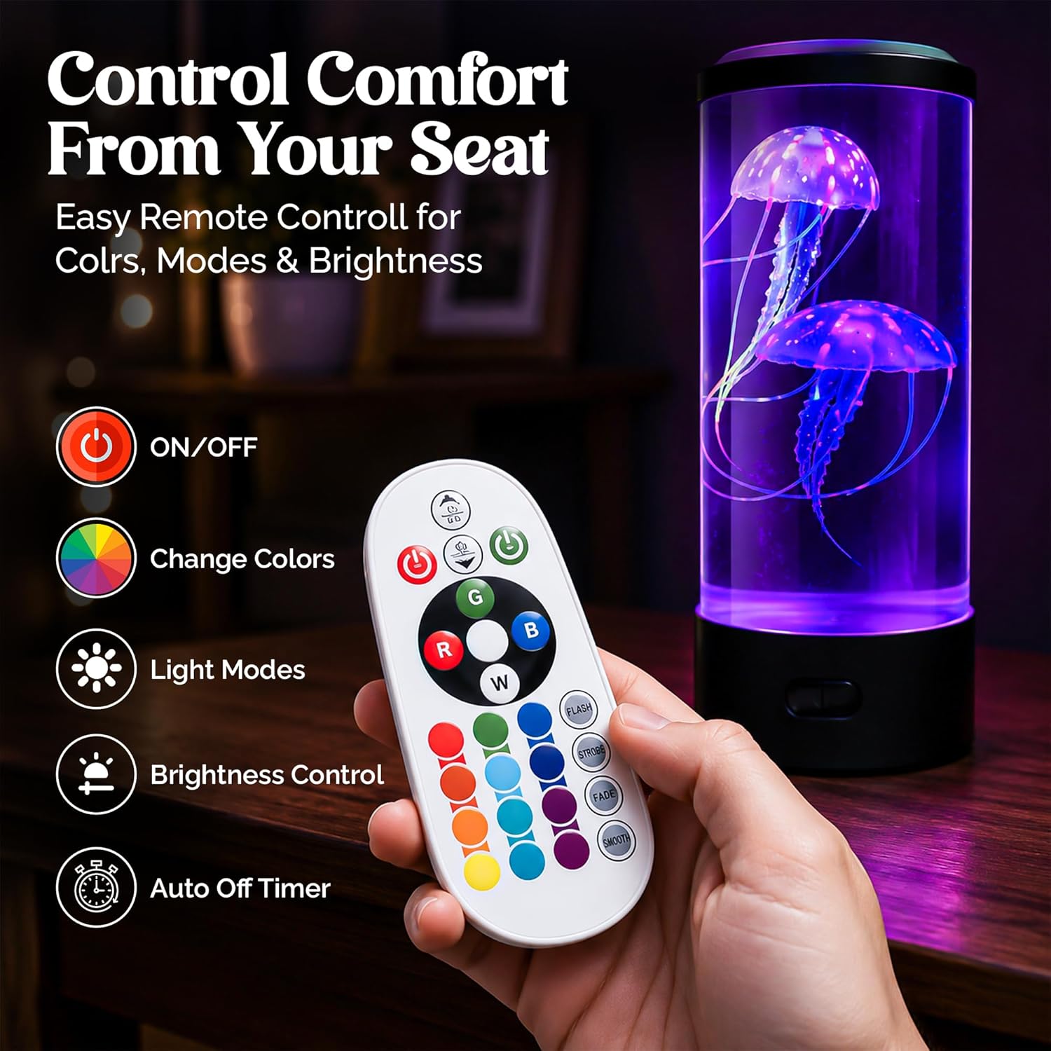 Brewish Jellyfish Lamp, 16 Color Options, 4 Mode Lifelike Jellyfish Aquarium, Auto Shutdown, Remote Control Electric Jellyfish LED Night Light, Fake Aquarium, Home Decor, Sensory Lamp for Autism, ADHD - Image 4