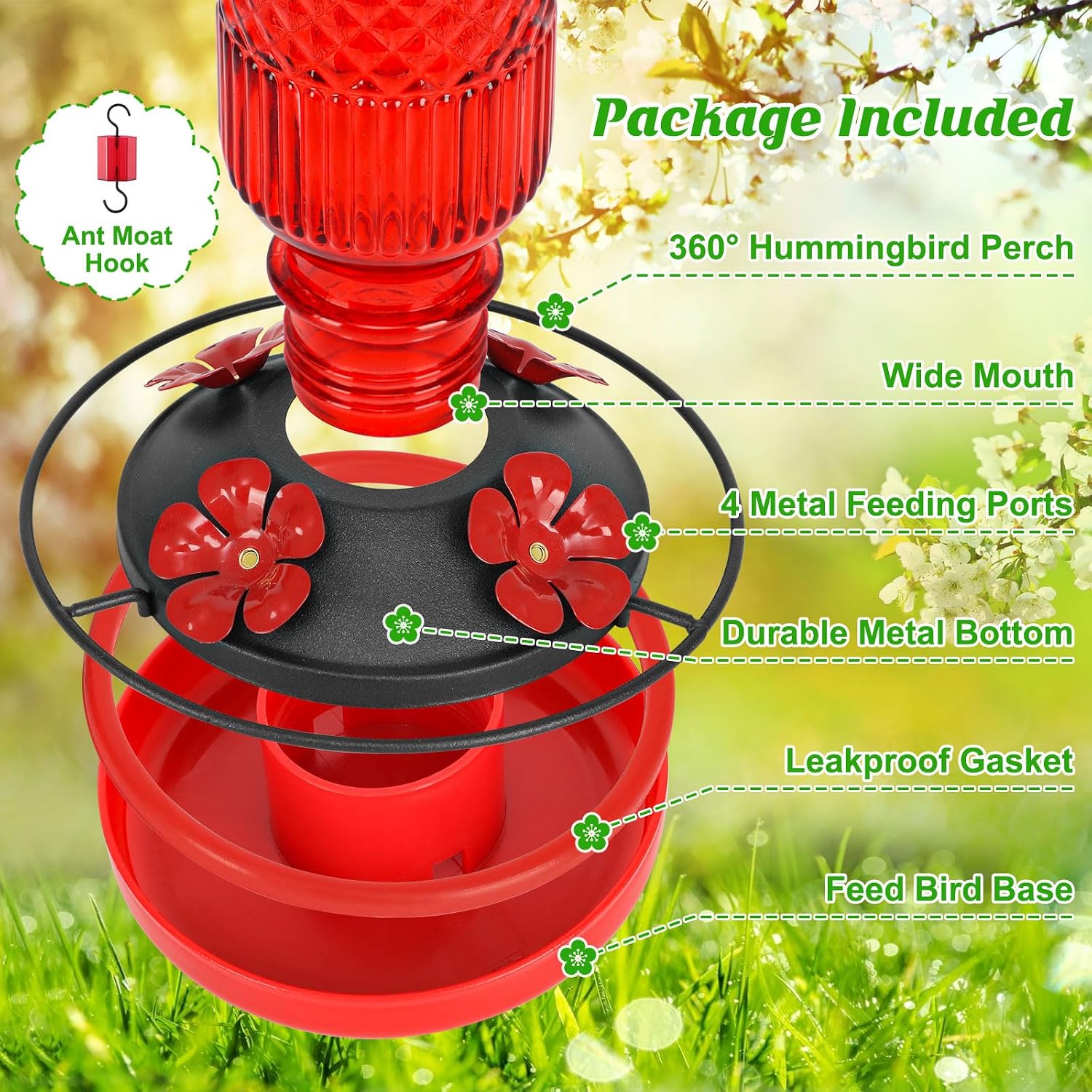 FEED GARDEN Glass Hummingbird Feeder for Outdoors Hanging, 16 oz Leak-Proof Nectar Feeder with Bee Guards & Ant Moat, 4 Metal Flower Feeding Ports, 360° Perch Ring, Easy Refill & Clean, Red - Image 3