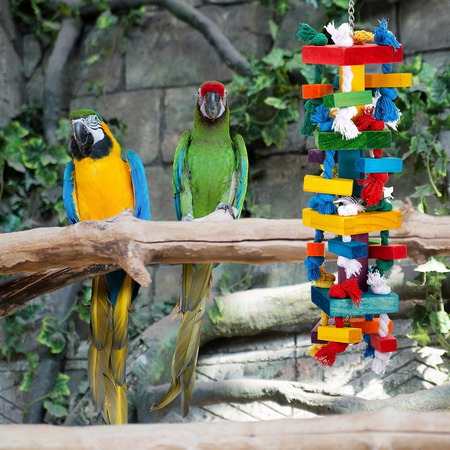 Seenelling 3 Pcs Extra Large Bird Parrot Toy Multicolored Natural Wooden Parrot Cage Chewing Toys for Large Medium Macaws Cockatoos African Grey Birds (Block and Rope) - Image 6