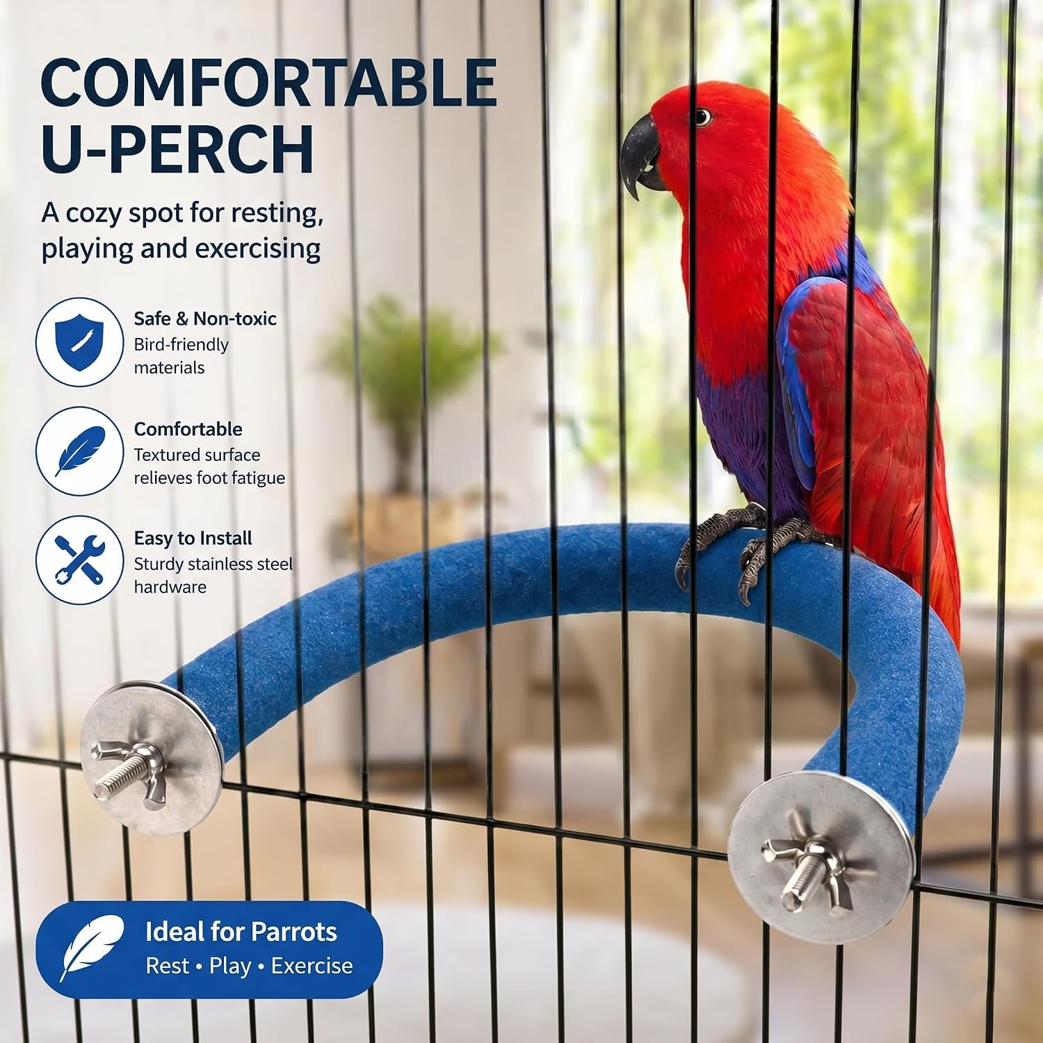 RYPET Parrot Perch Rough-surfaced - Quartz Sands Bird Cage Perches for Medium to Large Bird, U Shape Large - Image 3