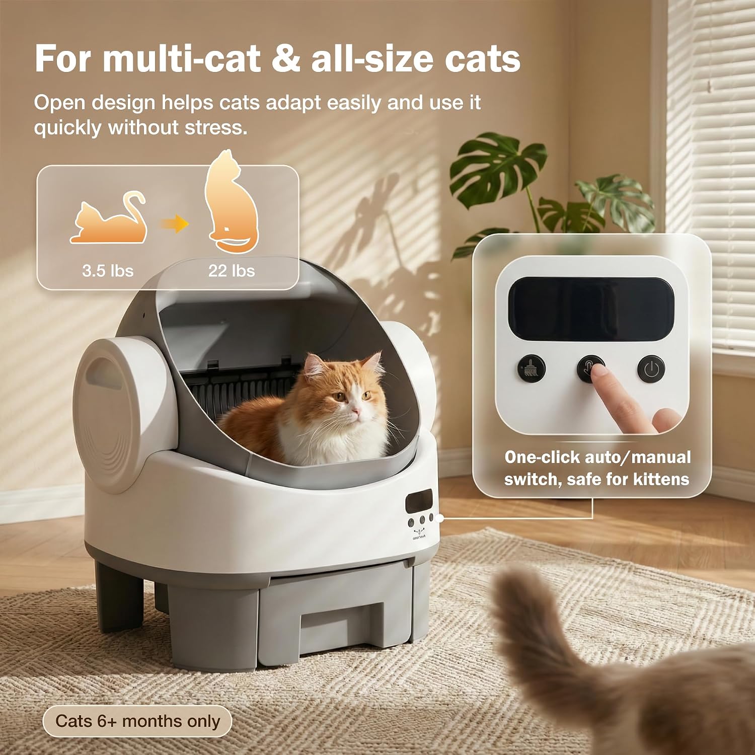 WARCAT Self-Cleaning Cat Litter Box, Open-Top Automatic Litter Box with Child Lock, 10L Large Capacity Waste Drawer, No APP Required, Includes Garbage Bags & Cleaning Mat (Gray) - Image 5