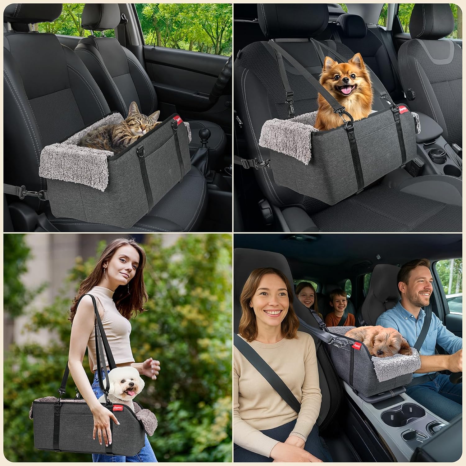 BurgeonNest Center Console Dog Car Seat for Small Pets to 11lbs, Grey | Anti-collapse armrest Console seat with washable fluffy cushion, pillow & tether for stable, cozy pet travel trips. - Image 8