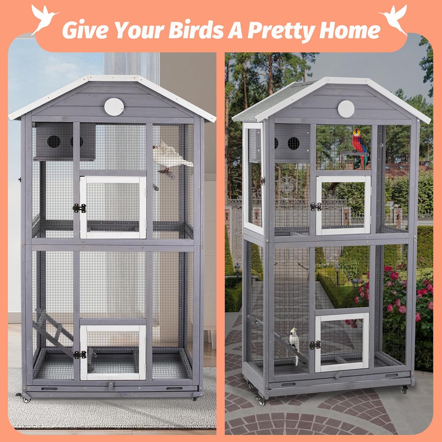 Gowoodhut Outdoor Bird Cage Large, Wooden Flight Aviary with Perches, Nest Habitat, and Easy-Clean Pull Out Tray for Parakeets, Macaws, and More - Image 7