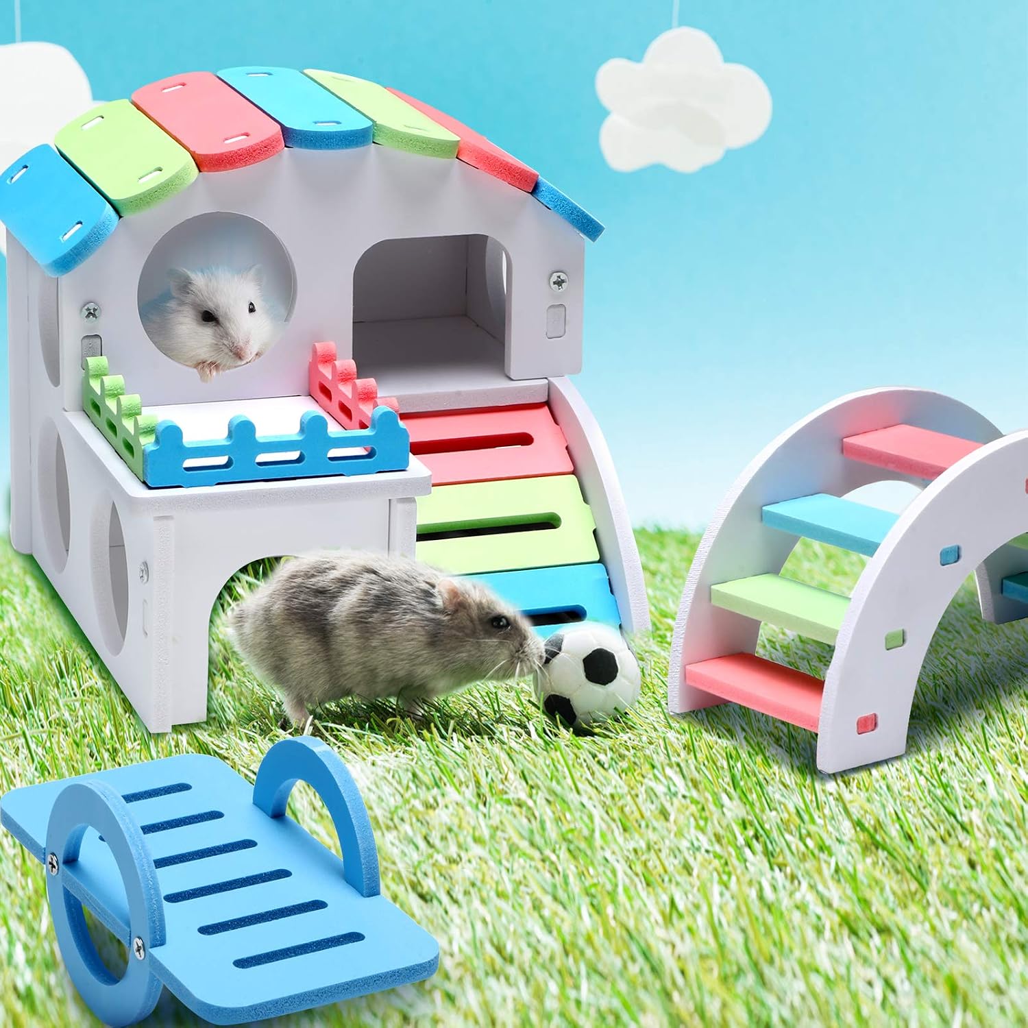 3 Pieces Fun Hamster Guinea Pig Hideout Kit Include PVC Hamster House, Rainbow Bridge, Seesaw DIY Exercise Playhouse for Rats Mouse Small Animals(Small,Rainbow Color) - Image 6