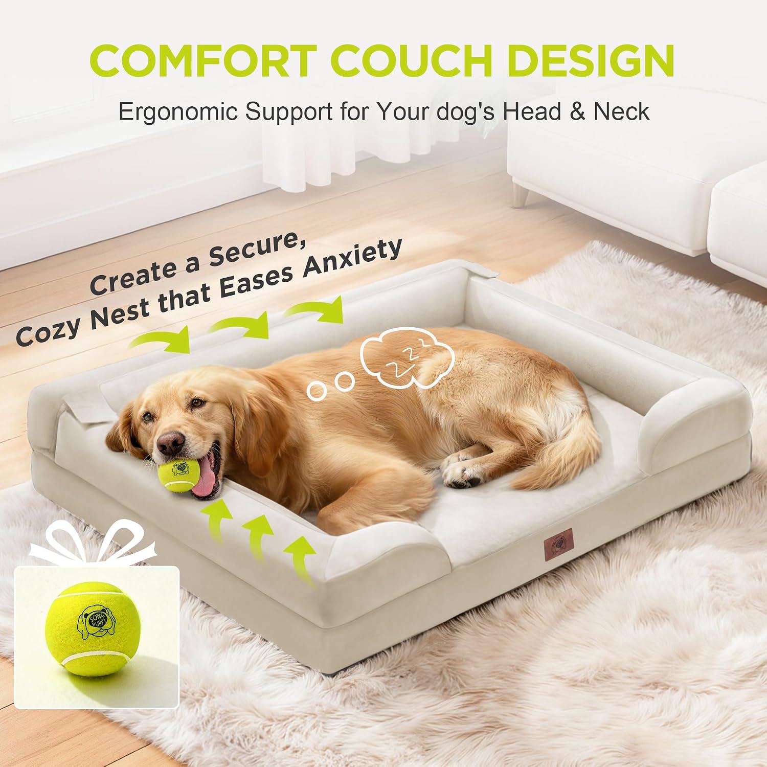 Waterproof Orthopedic Dog Bed for Medium Large Sized Dogs | Memory Foam Pet Bed Sofa with Bolster, Dog Couch with Washable Cover & Non-Slip Bottom, 36x27 Inch, Beige - Image 7