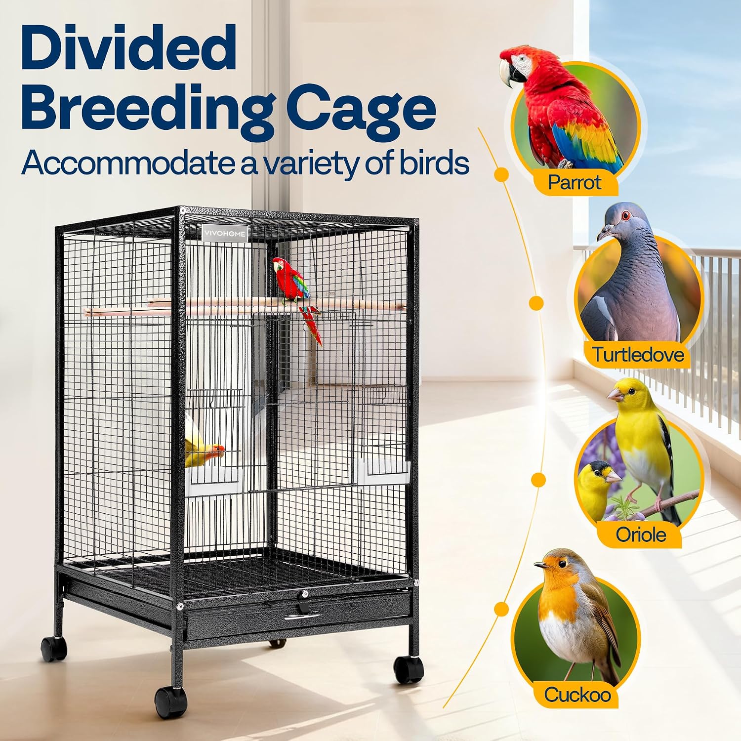 VIVOHOME Wrought Iron Bird Cage with Rolling Stand, 30 Inch Height | Standing Bird Flight Cage with Casters, Slide-out Tray for Parakeets Cockatiels Lovebirds Canaries Finches Conures, Black - Image 6