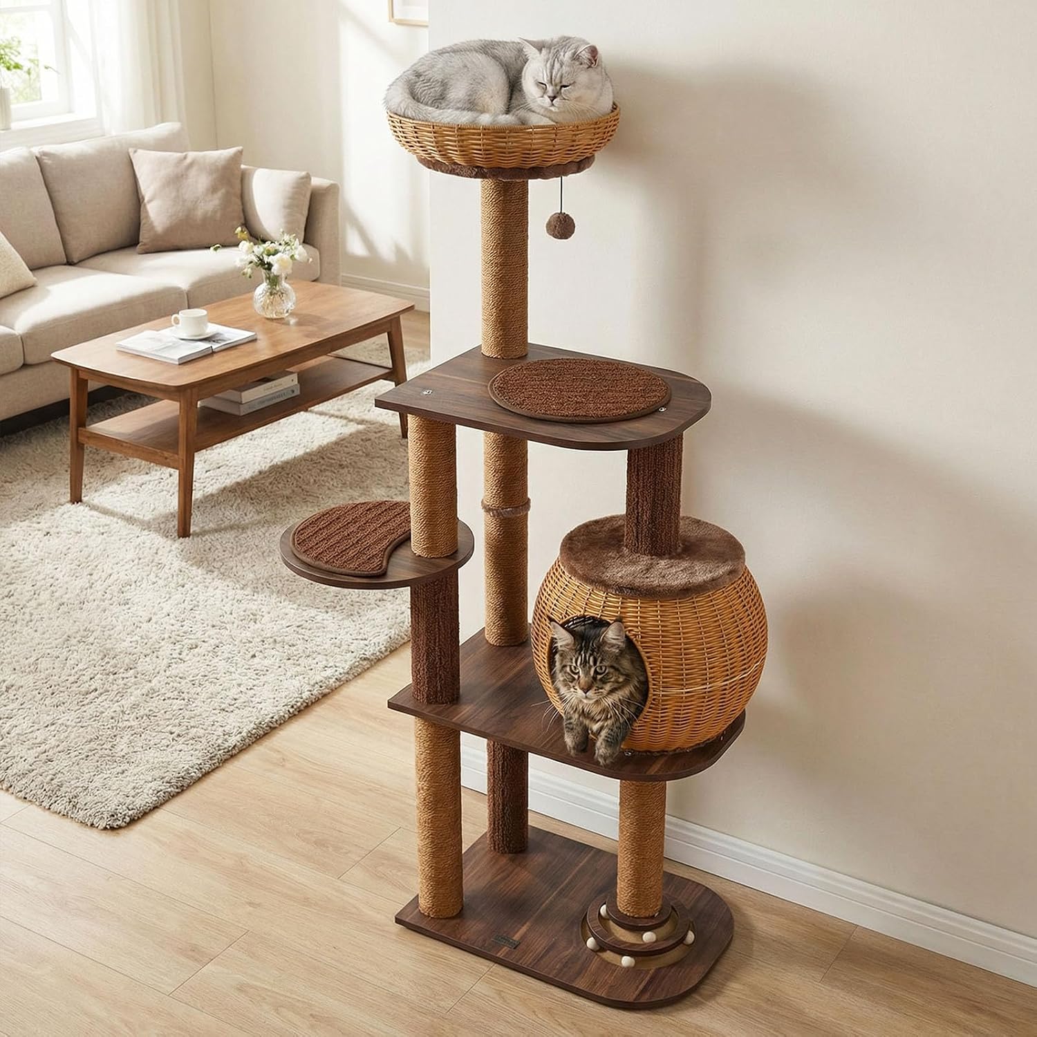 PETSITE 59.5-inch Tall PE Rattan Cat Tree, Multi-Level Modern Wooden Cat Tower with Sisal Scratching Posts, Ball Track Toy, Comfy Condo with Removable Soft Pads, and Hanging Ball, Ideal for Indoor Cat - Image 2