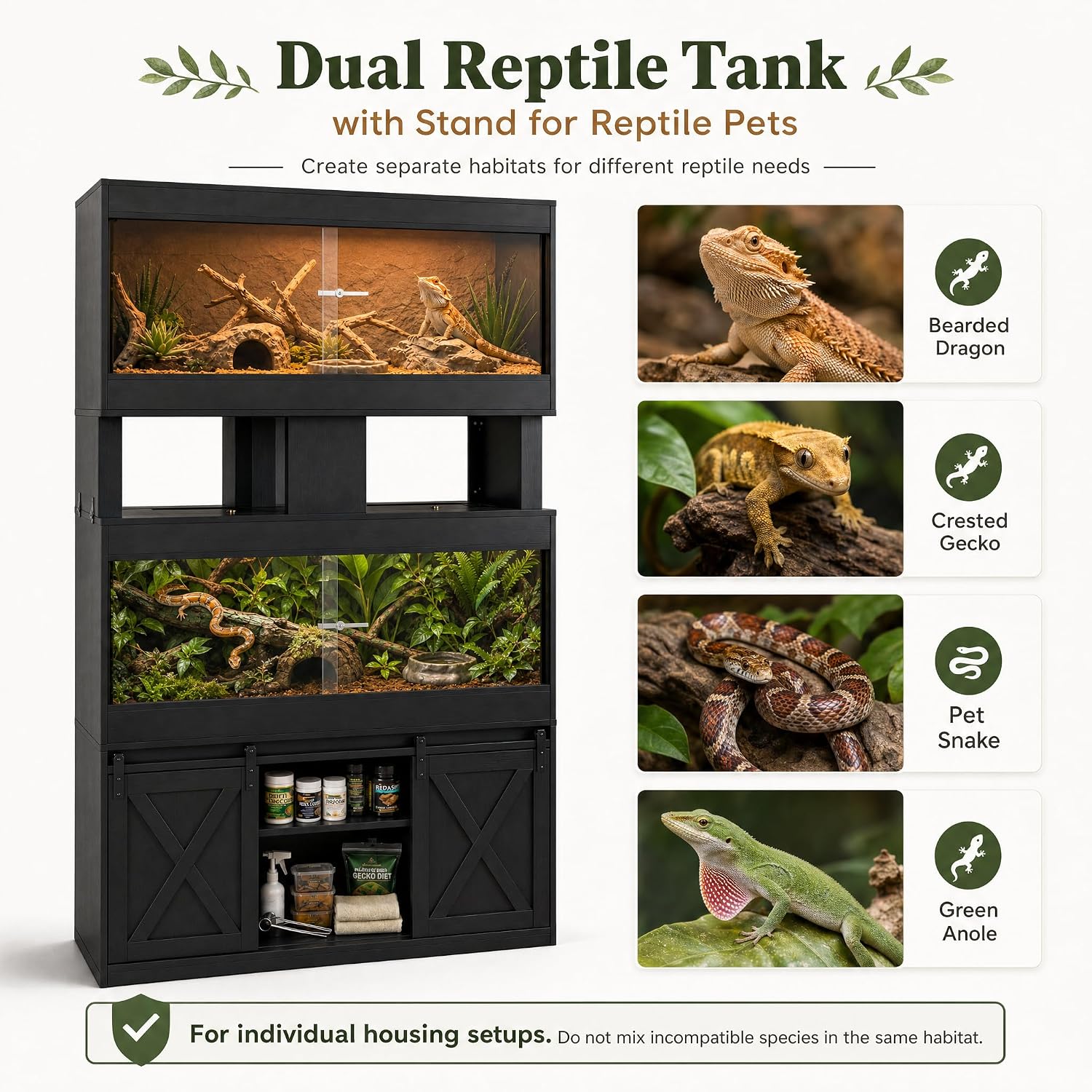 Cushore Double 4x2x2 Reptile Enclosure with Stand, Albizia Solid Wood-Core 120 Gallon Reptile Terrarium, Bearded Dragon Tank Stand with Sliding Door and 2 Cabinets for Lizard, Crested Gecko, Black - Image 3