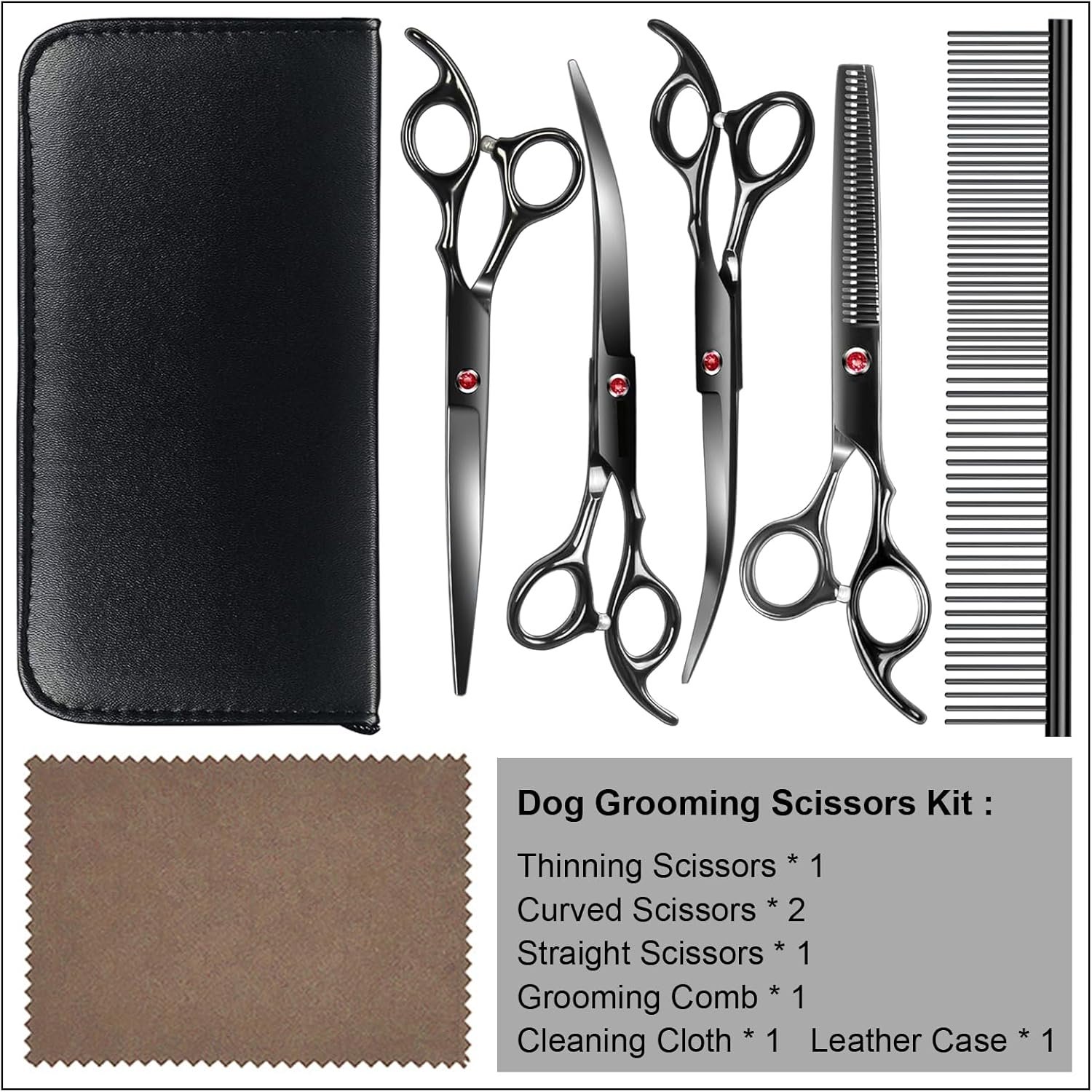 TINMARDA Dog Grooming Kit, Titanium Black Stainless Steel Dog Grooming Scissors with Curved Shears, Black Finger Rings - 5 Piece Sharp Durable Pet Shears for Dogs Cats At Home Salon-Quality Grooming - Image 7