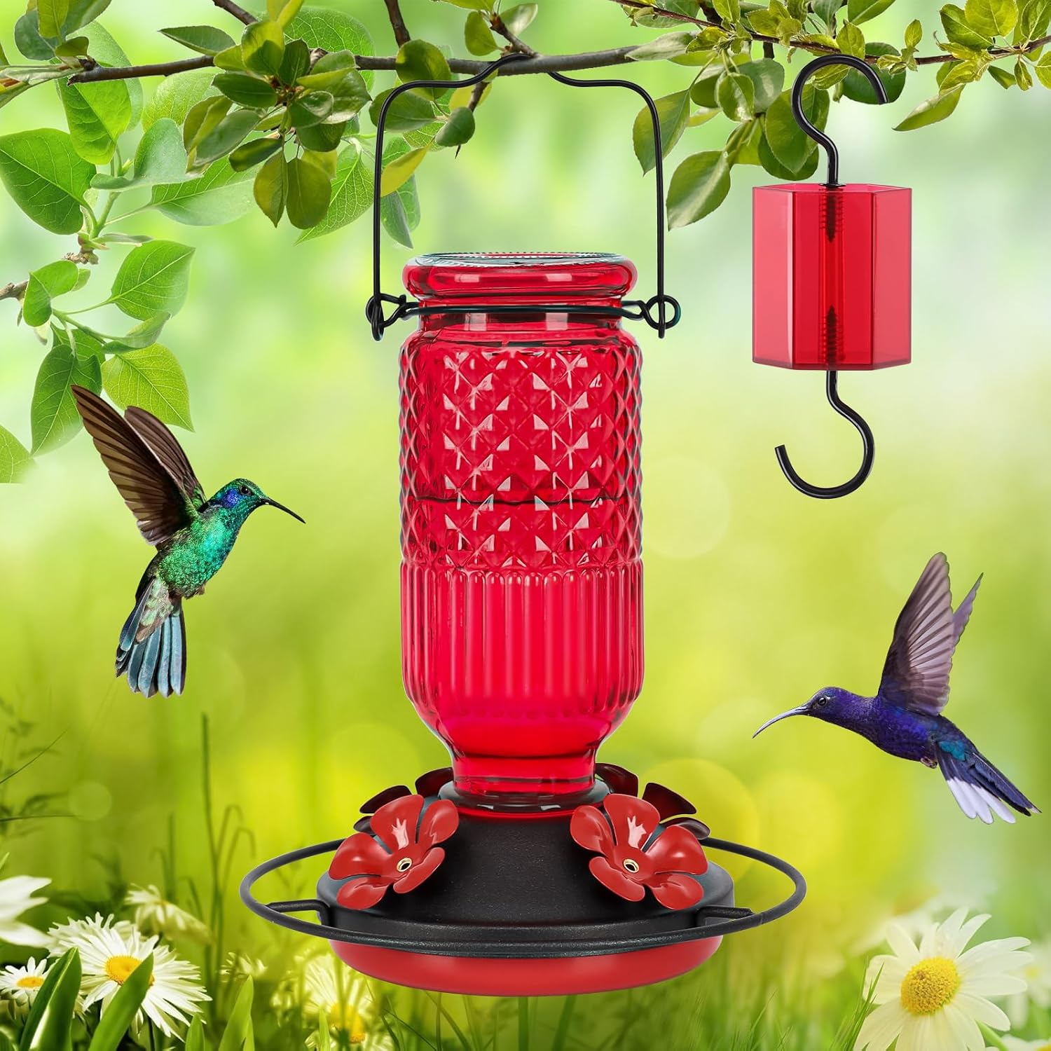 FEED GARDEN Glass Hummingbird Feeder for Outdoors Hanging, 16 oz Leak-Proof Nectar Feeder with Bee Guards & Ant Moat, 4 Metal Flower Feeding Ports, 360° Perch Ring, Easy Refill & Clean, Red - Image 8
