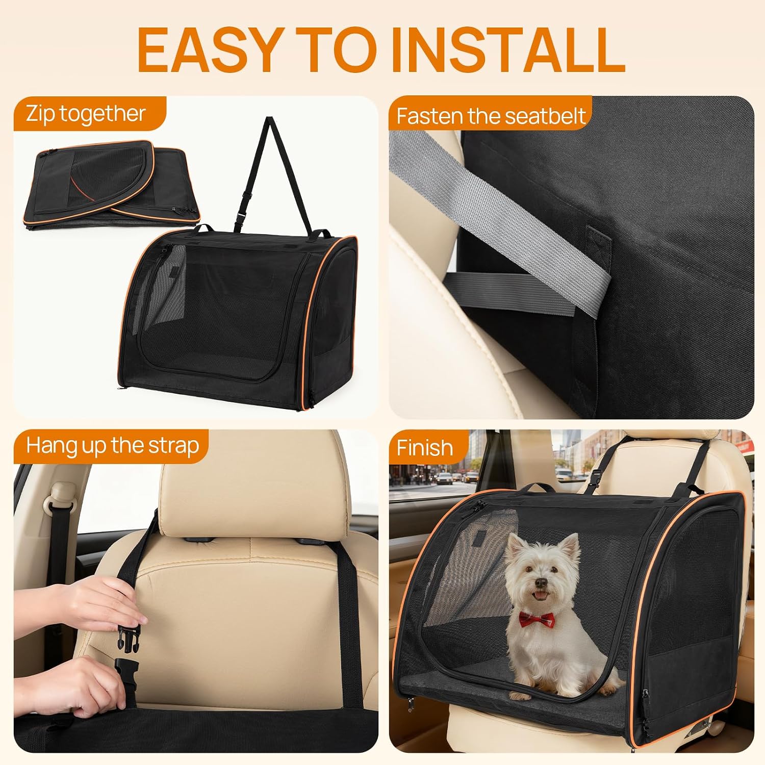 Dog Car Seat, Enclosed Carrier for Pets Travel Safety Dog Crate Soft-Sided Covered Car Kennel Carrier for Backseat for Medium Dogs - Image 3