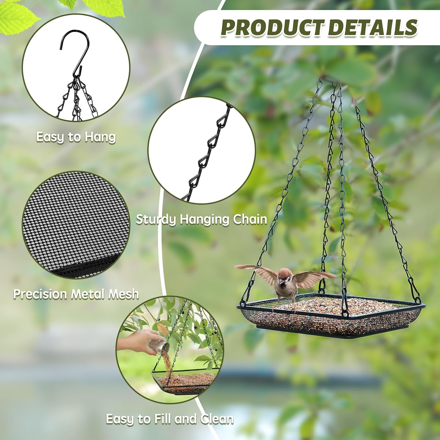 MIXXIDEA Hanging Bird Feeder Tray Metal Mesh Platform Seed Feeder with Durable Chains for Outdoors Garden Great for Attracting Birds (1 Pack) - Image 3