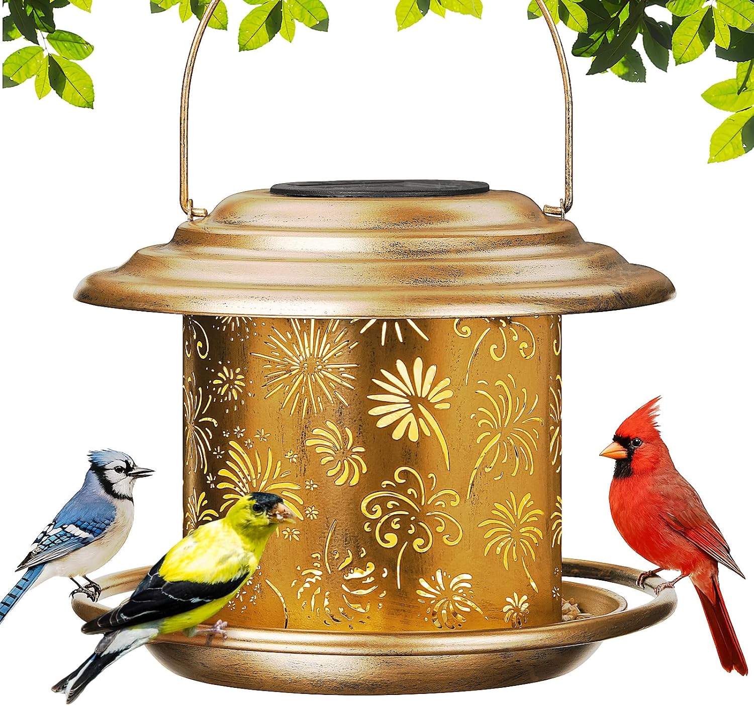Solar Bird Feeders for Outdoors, Weatherproof Metal Bird Feeder, Outside Hanging Birdfeeder Lantern with Flowers Pattern for Courtyard Garden Decoration