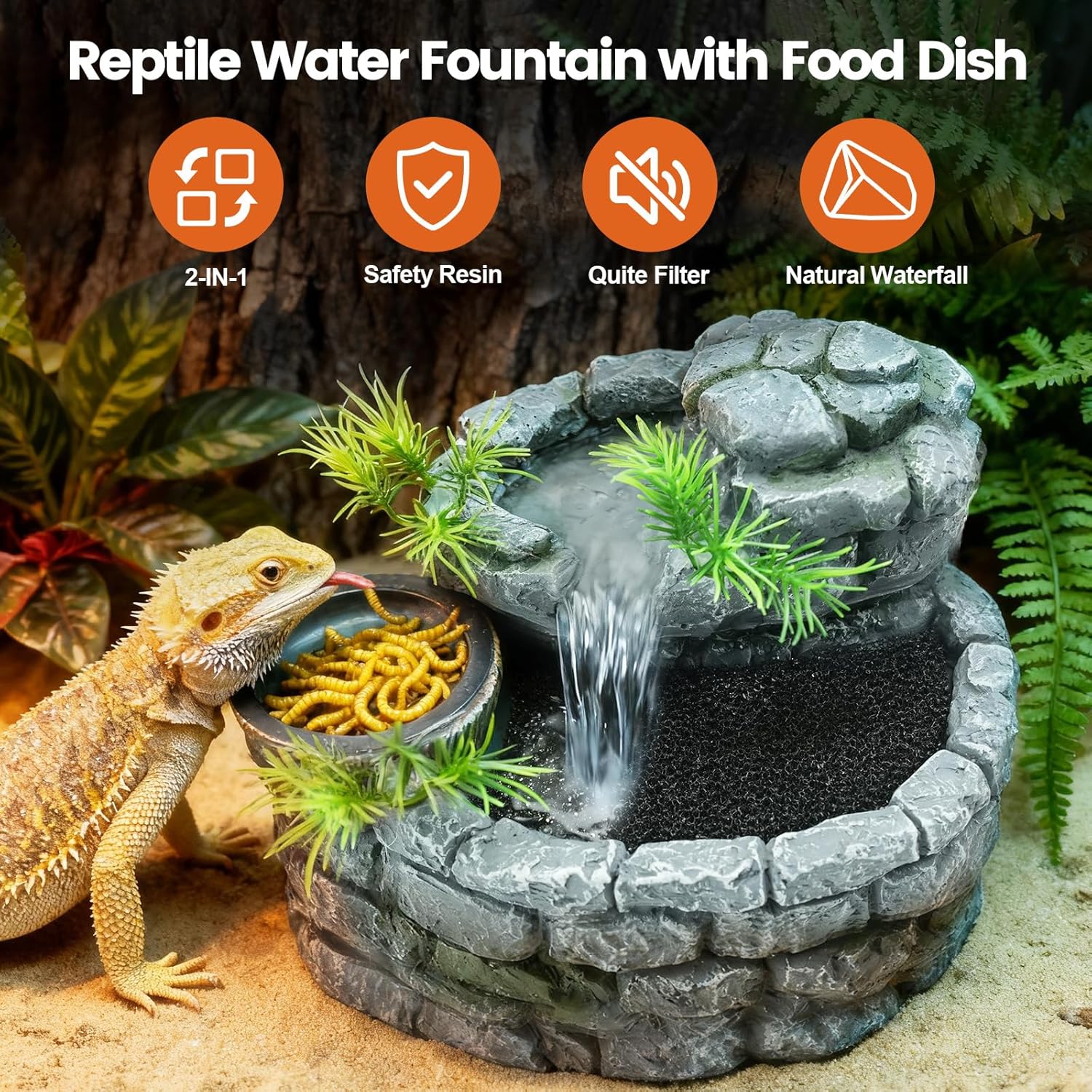MIXJOY 2 in 1 Reptile Water Fountain with Food Dish 550ML, Terrarium Reptile Waterfall Drinking Fountain, Reptile Water Dispenser for Bearded Dragon Gecko Tree Frog Turtle Chameleon Leopard Lizard - Image 2