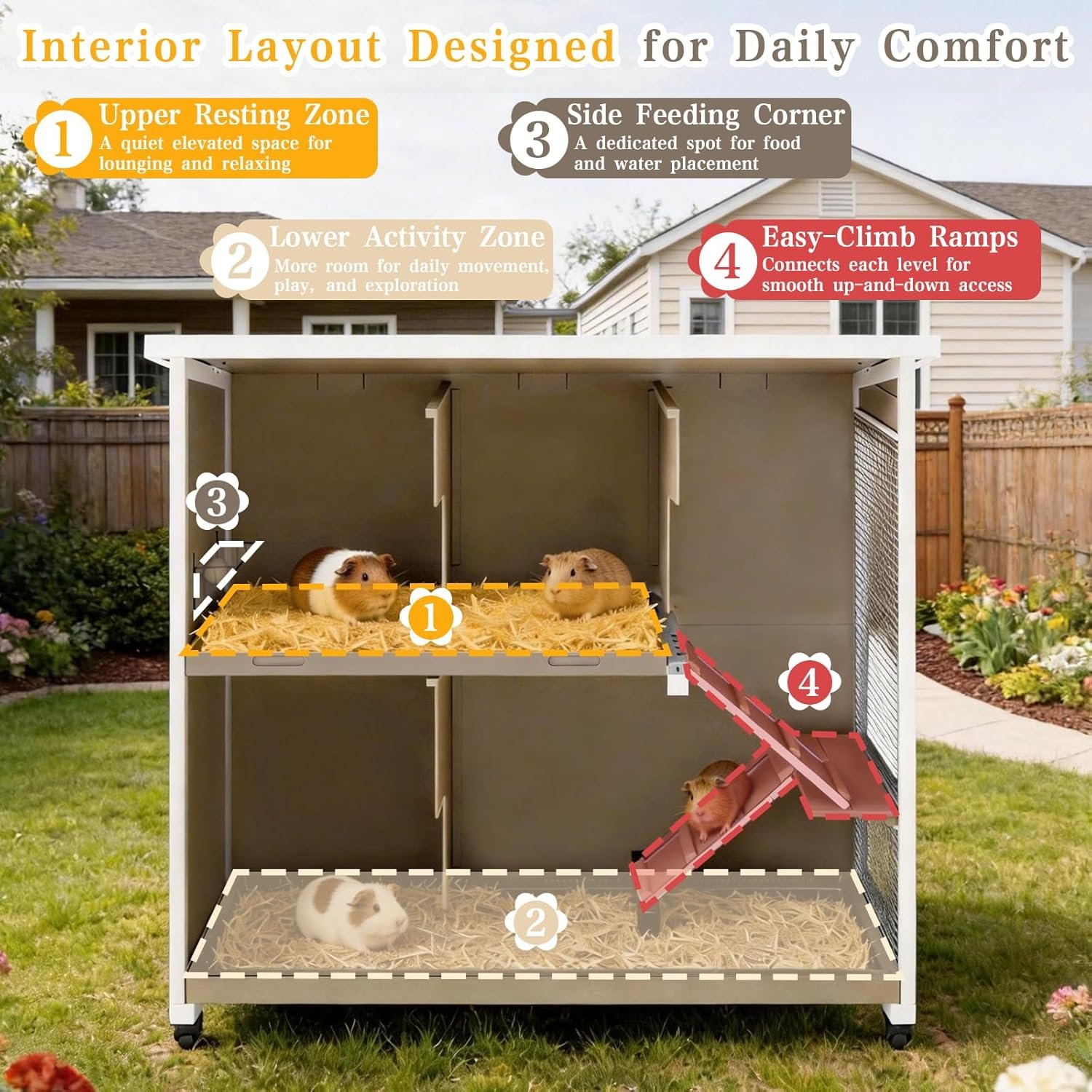 Gowoodhut 47" L Large Guinea Pig Cage Indoor with Wheels, 2-Story Wooden Hutch with 2 Deep Pull-Out Trays, Anti-Chew Ramps & Hideout for Hamsters, Ferrets & Rabbits, Grey, Easy-Clean Small Pet Home - Image 2