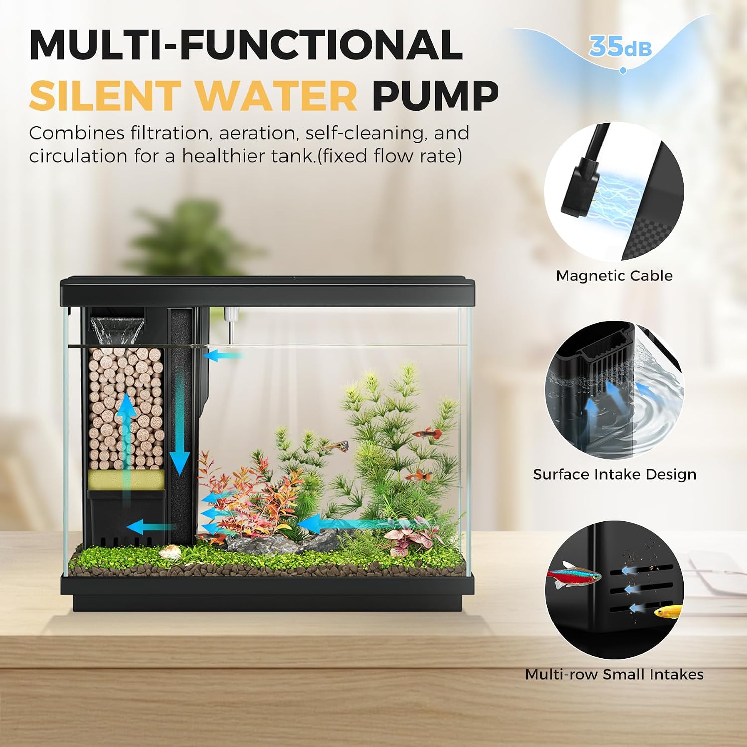 2.2 Gallon Small Fish Tank, Betta Fish Aquariums Black | with 4-in-1 Filter Pump, LED Light, Temperature Display, Fan & Surface Intake Design, for Home Office, Beginner Friendly - Image 3