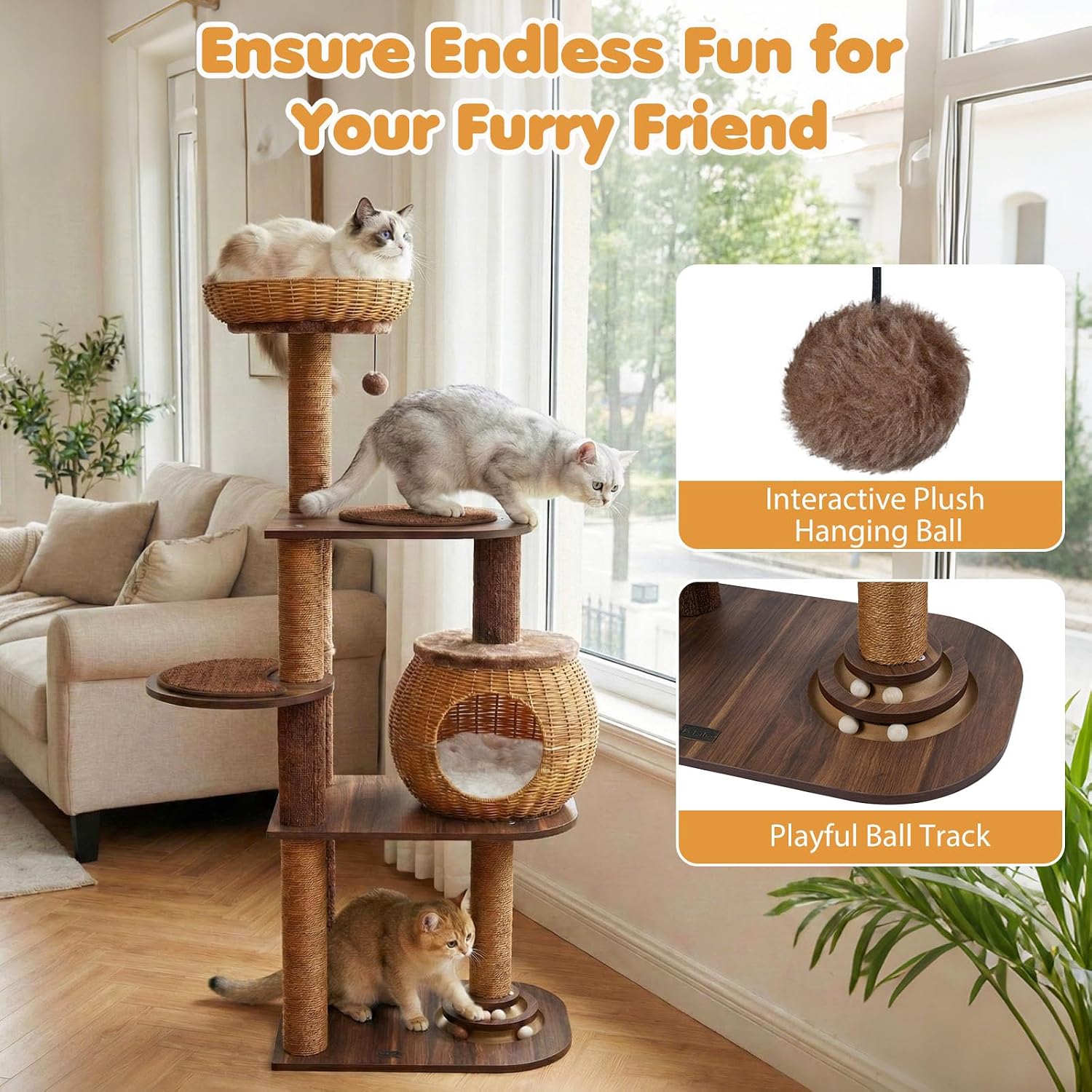 PETSITE 59.5-inch Tall PE Rattan Cat Tree, Multi-Level Modern Wooden Cat Tower with Sisal Scratching Posts, Ball Track Toy, Comfy Condo with Removable Soft Pads, and Hanging Ball, Ideal for Indoor Cat - Image 5