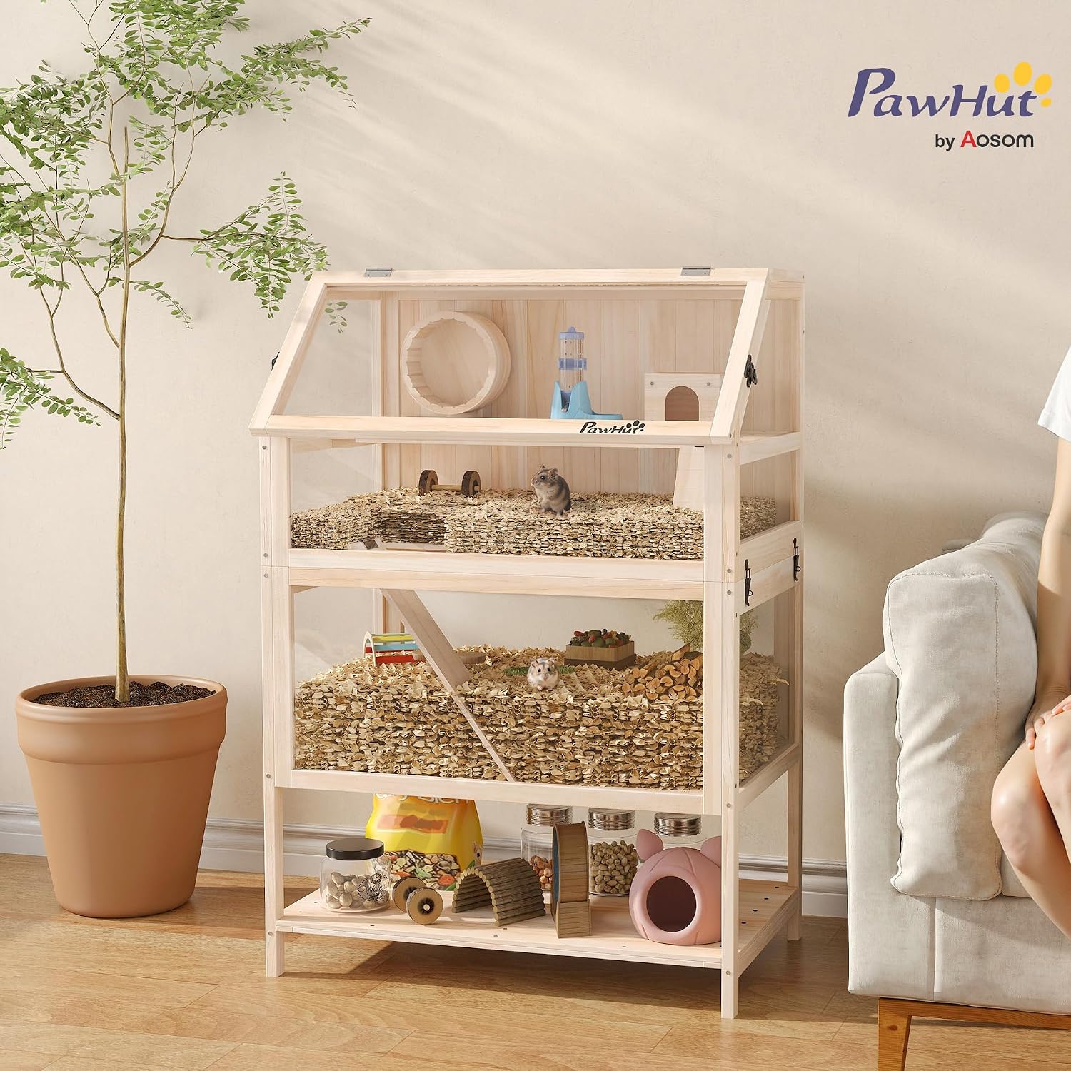 PawHut Wooden Hamster Cage, 3 Tier Small Animal Cage with Detachable Lower Floor, Storage Shelf, Hut, Seesaw, Exercise Wheel, Ramps, Hamster Habitat for Dwarf, Gerbil, 31.5" x 21" x 46" - Image 2