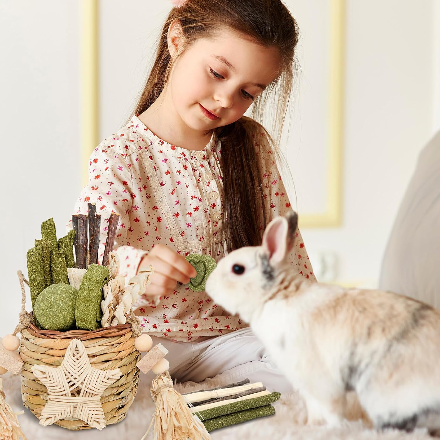 Jorewood Natural Reedgrass Chew Toy Basket for Small Pets – Hanging Rodent Dental Toys with Hay Lollipop, Apple Sticks, Sweet Bamboo (Hamsters, Rabbits, Chinchillas, Guinea Pigs) - Image 4