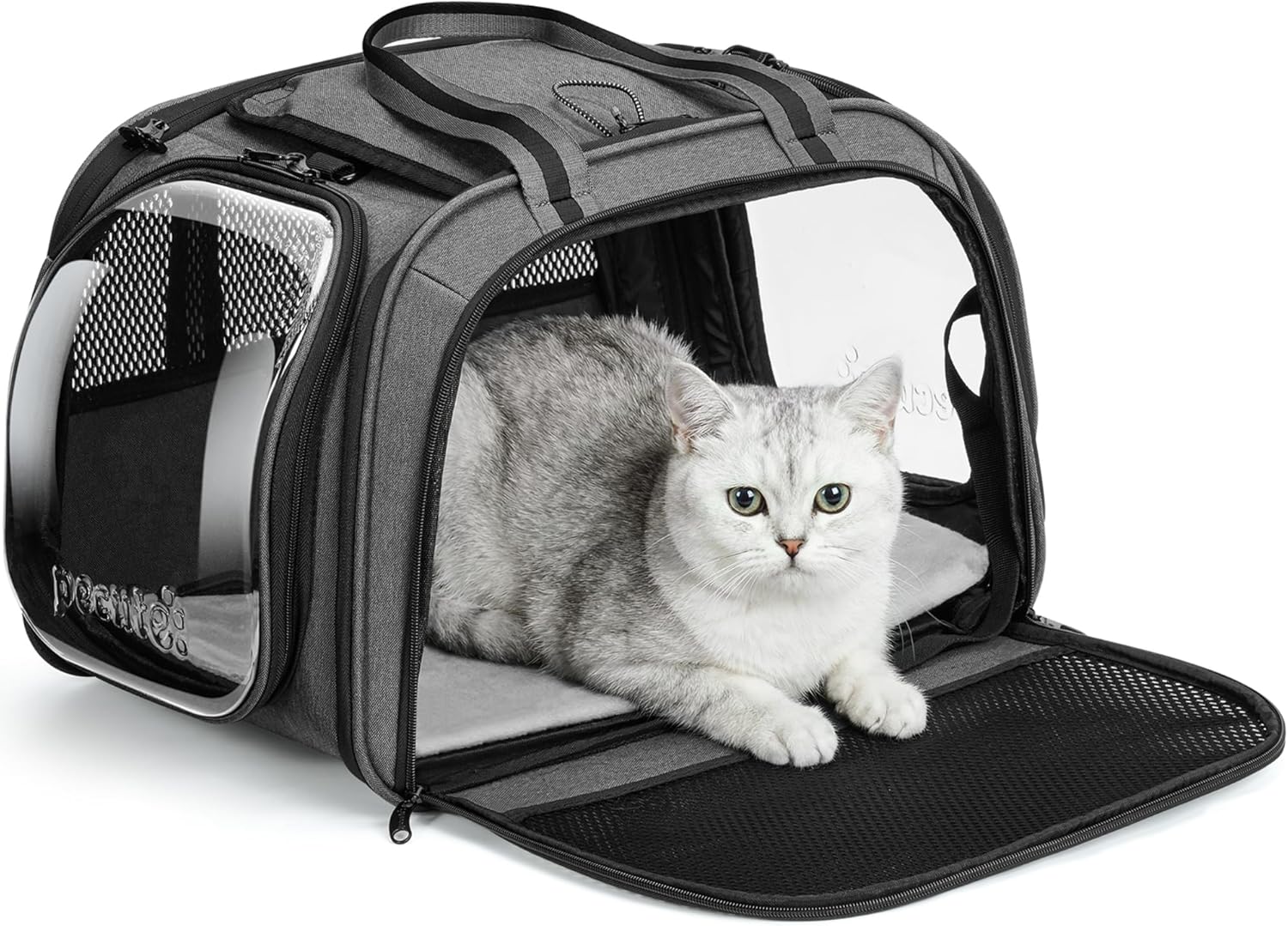 Pecute Cat Carrier with Bubble Window & Sunshade for Dogs Cats, Gray M | Dual bubble windows & top sunshade, 70% more airflow mesh, Impact-resistant stable frame, Locking zippers, Fits up to 11 lbs