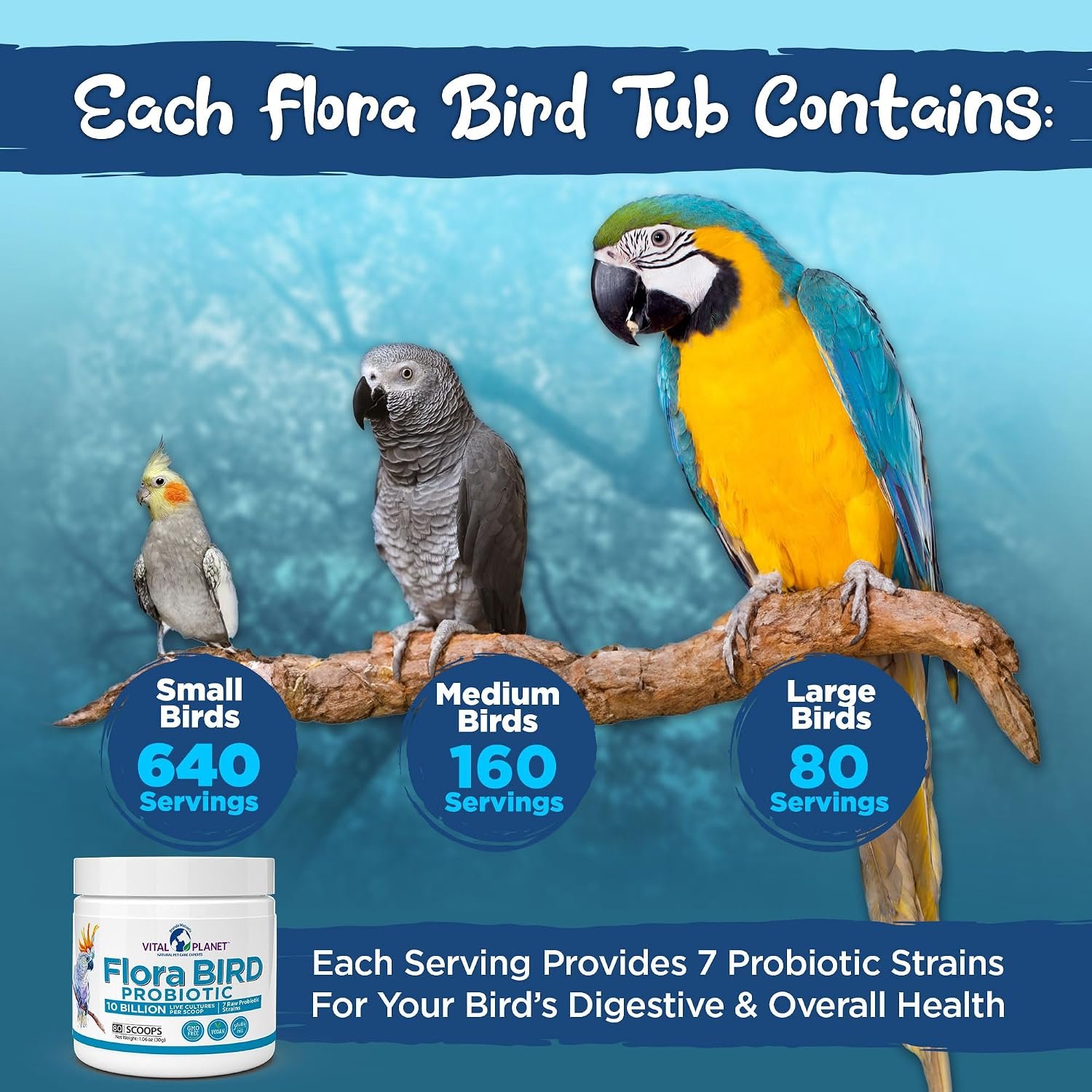 Vital Planet - Flora Bird Probiotic Powder Supplement with 10 Billion Cultures and 7 Diverse Strains, High Potency Probiotics for All Birds for Avian Digestive and Immune Support 80 Scoops 1.06 oz - Image 4