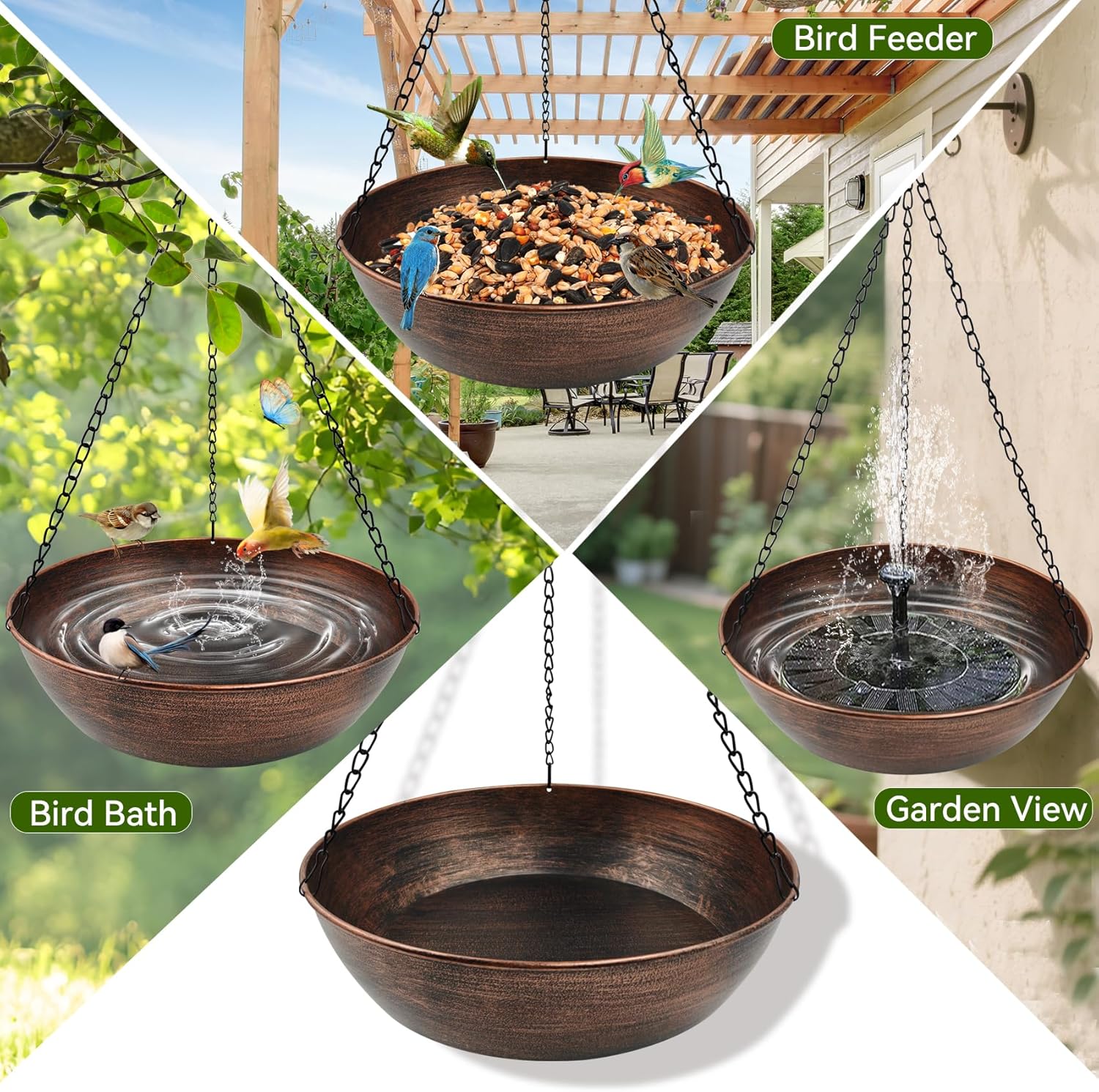 13" Metal Hanging Bird Bath with Chains and Hook | 3" Deep Bowl, 1.4Gal Capacity, 3 Chain Support, Easy Cleaning, Rust Resistant, Birdbath or Bird Feeder Garden Decor - Image 5