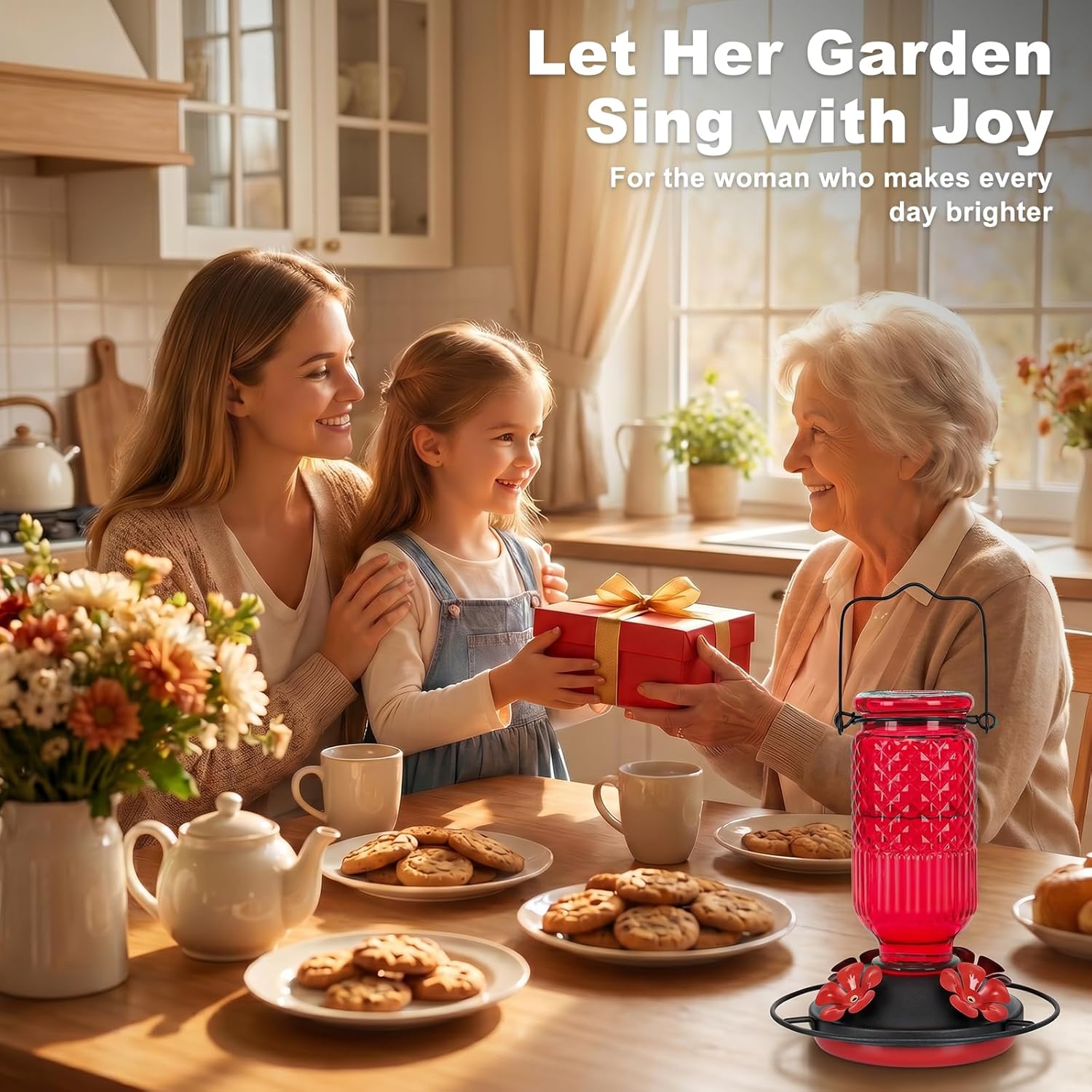 FEED GARDEN Glass Hummingbird Feeder for Outdoors Hanging, 16 oz Leak-Proof Nectar Feeder with Bee Guards & Ant Moat, 4 Metal Flower Feeding Ports, 360° Perch Ring, Easy Refill & Clean, Red - Image 7