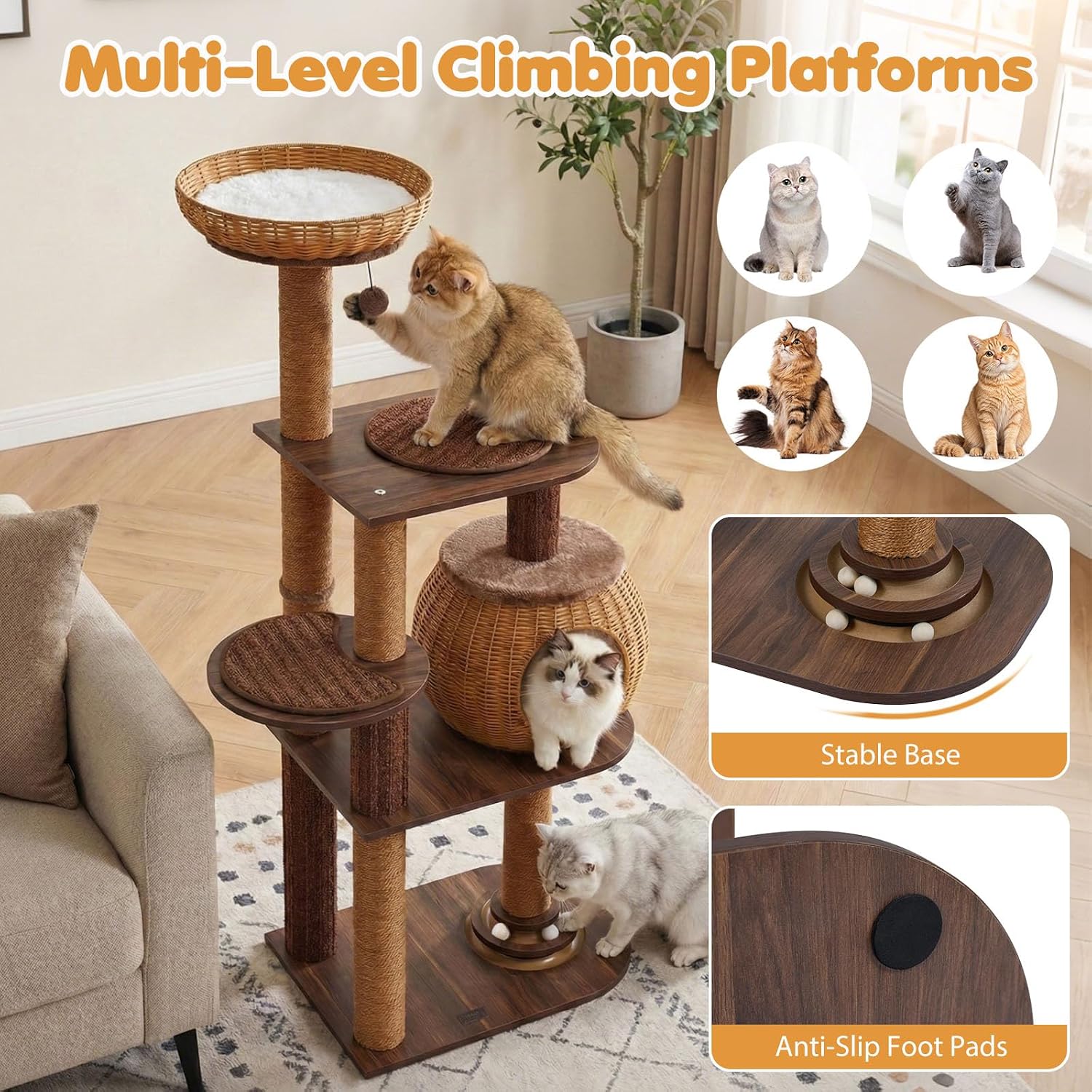 PETSITE 59.5-inch Tall PE Rattan Cat Tree, Multi-Level Modern Wooden Cat Tower with Sisal Scratching Posts, Ball Track Toy, Comfy Condo with Removable Soft Pads, and Hanging Ball, Ideal for Indoor Cat - Image 7