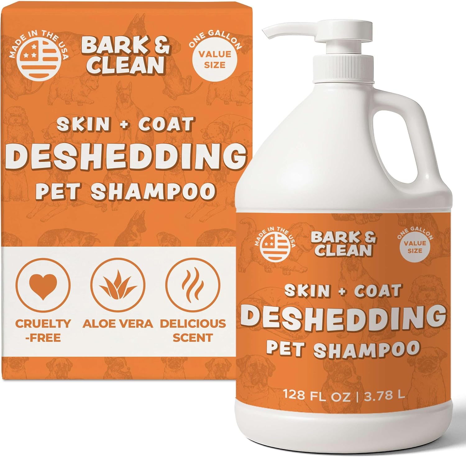 Deshedding Dog Shampoo, Gallon Sized - Skin and Coat Shedding Shampoo with Pump, 18:1 Dilution - Made with Baking Soda, Aloe, and Coconut for Buildup and Dander
