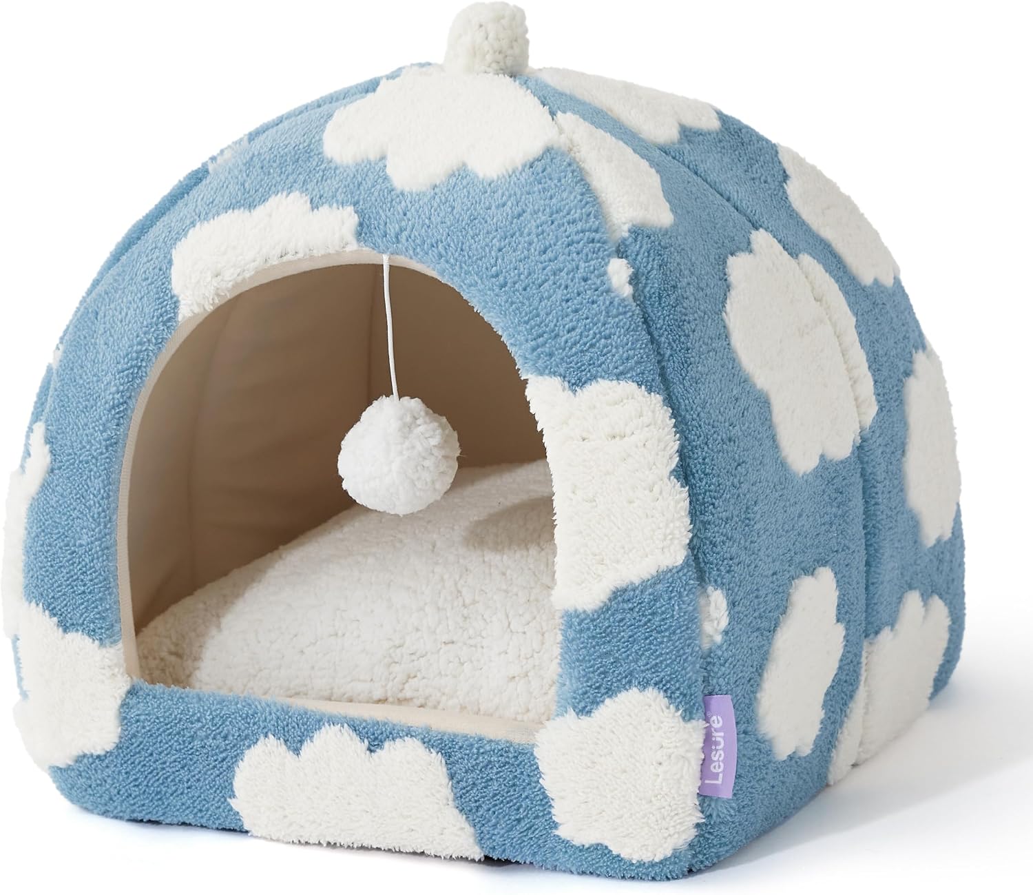 Lesure 2in1 Cute Cat House for Kitten with Washable Cushioned Pillow,16in | Cat Beds for Indoor Cats,Small Pet Cave Tent,Cozy Enclosed Foldable Hideaway,Fluffy Ball,Anti Slip Bottom,Hand Strap,Blue - Image 7