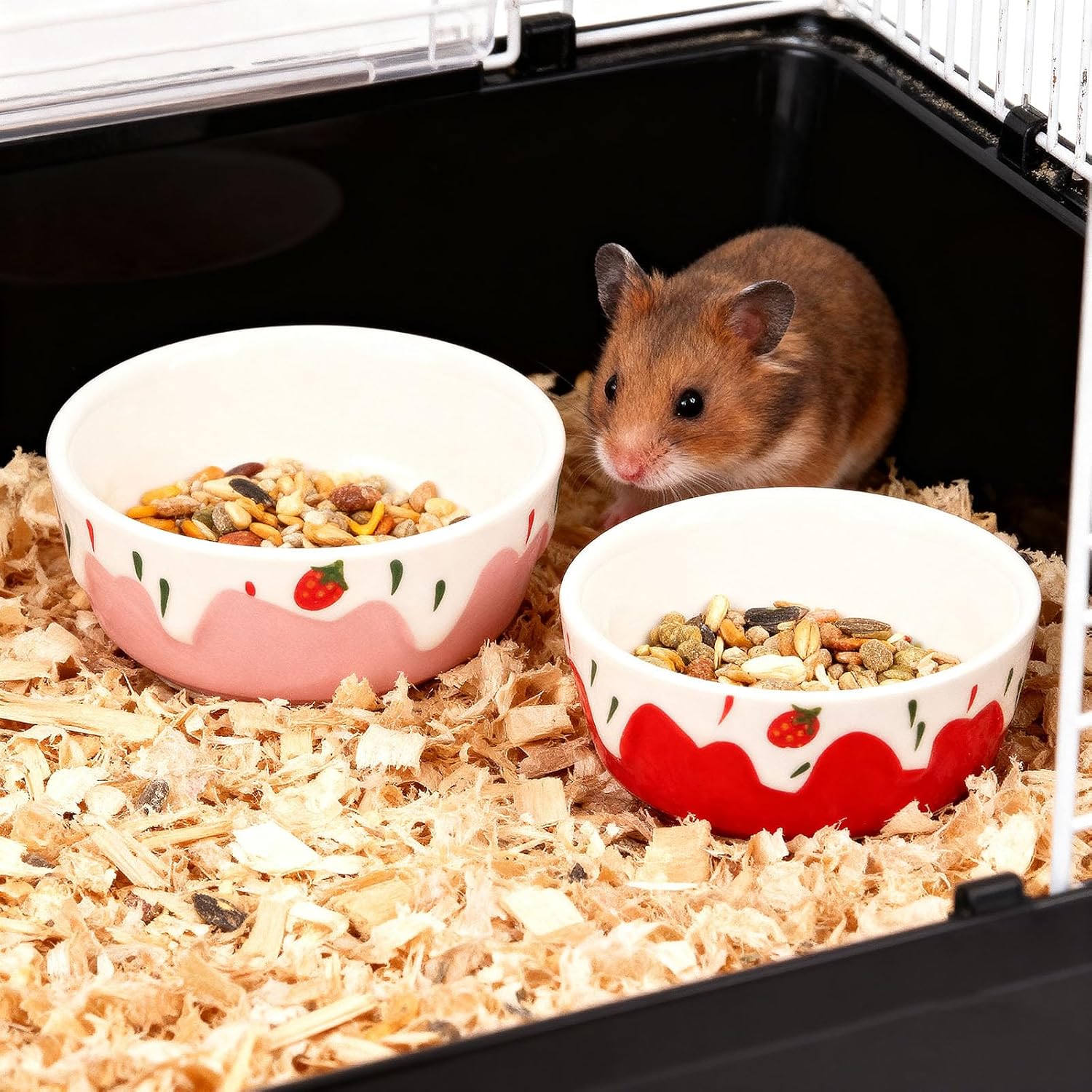 Wontee Hamster Food Bowl 2 Pack Ceramic Food Water Bowl Anti-Tipping for Dwarf Hamsters Gerbil Mice Hedgehog Guinea Pig (Red+Pink) - Image 5
