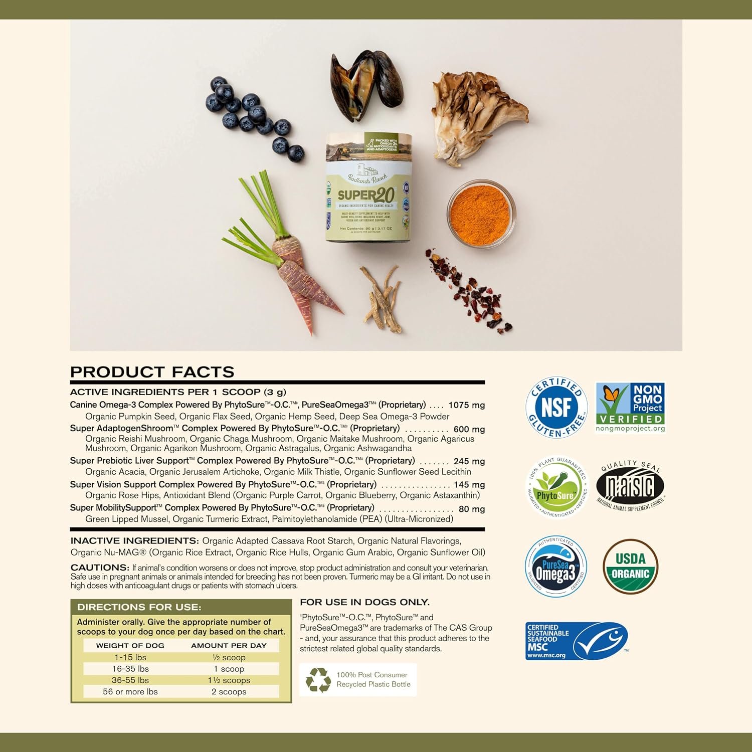 Badlands Ranch - Super20 Canine Supplement Organic Ingredients Multi-Benefit Supplement, Ashwagandha, Help w/Canine Well-Being, Heart, Joint, Vision, Antioxidant Support by Katherine Heigl (30 scoops) - Image 3