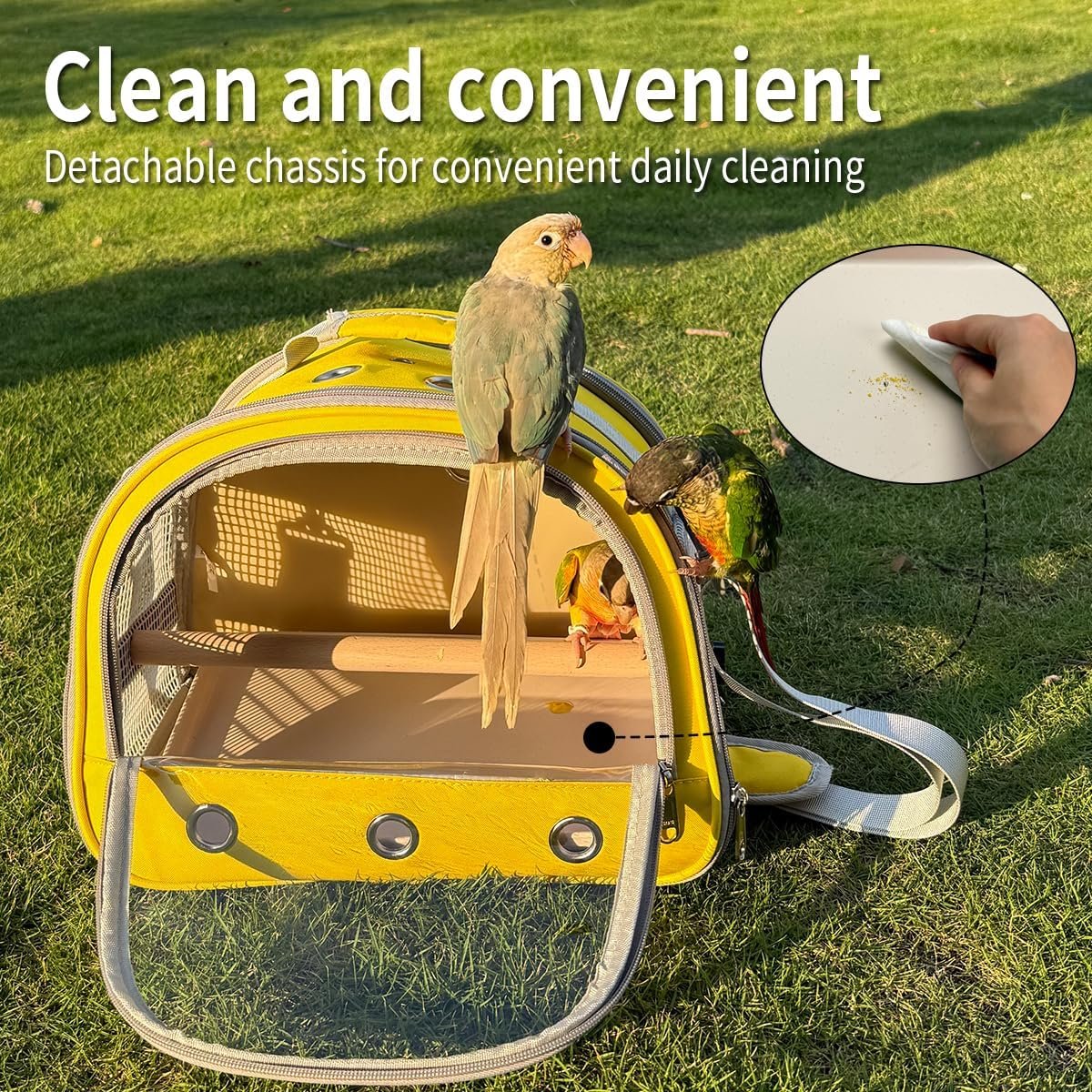 Bird Carrier,Bird Cage Parakeet Parrot Budgie Carrier Backpack for Small Birds, Travel Bird Cages with Perch, Transparent Ventilation Cockatiels, Lightweight Pet Carrier for Outdoor Use(Yellow) - Image 6