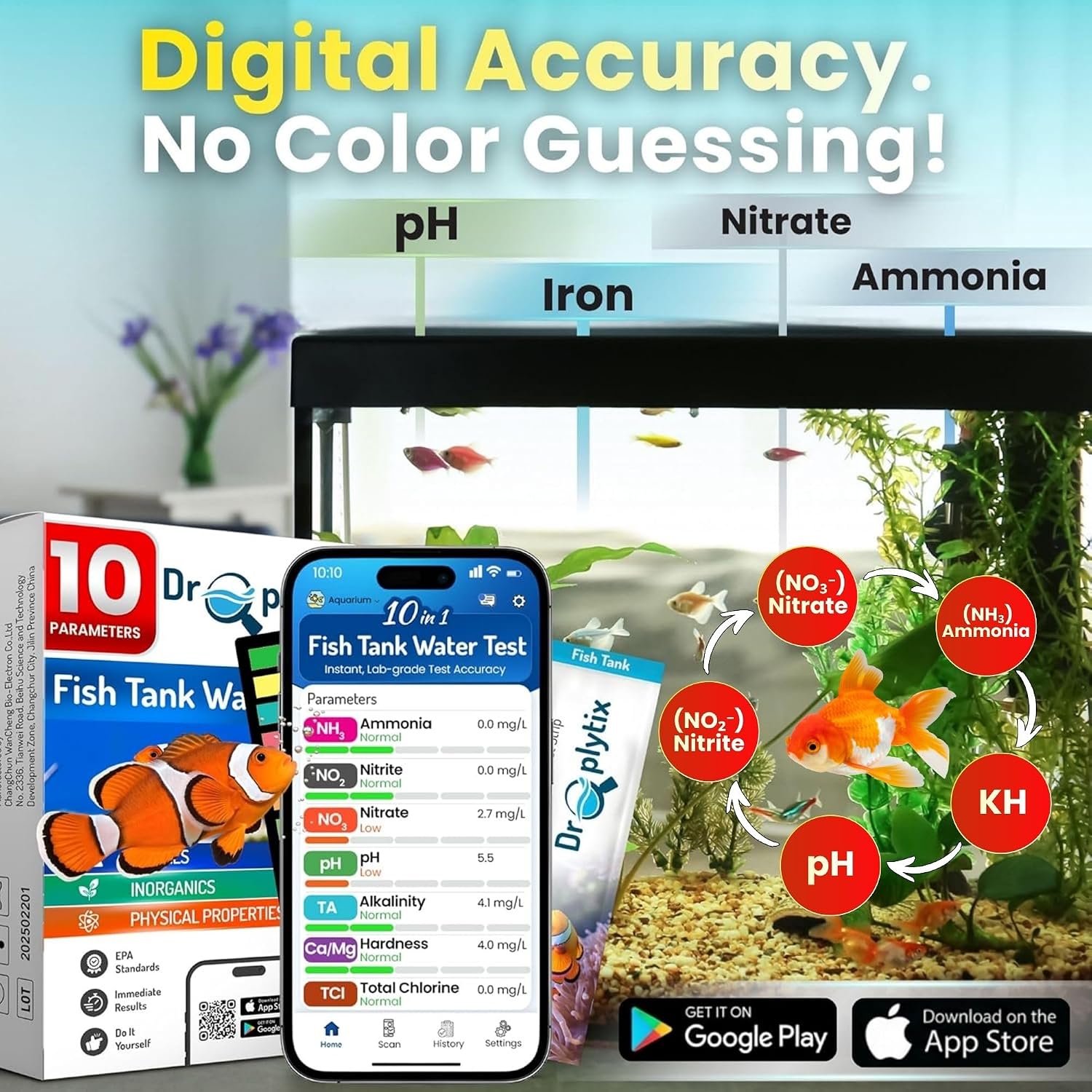 Digital Aquarium Water Test Kit, App-Enabled 10-in-1 Freshwater & Saltwater Aquarium Test Strips for Fish Tanks, Shrimp, Reef Test Strips, pH, Ammonia, Nitrate, Nitrite, GH, KH, Chlorine - Image 5