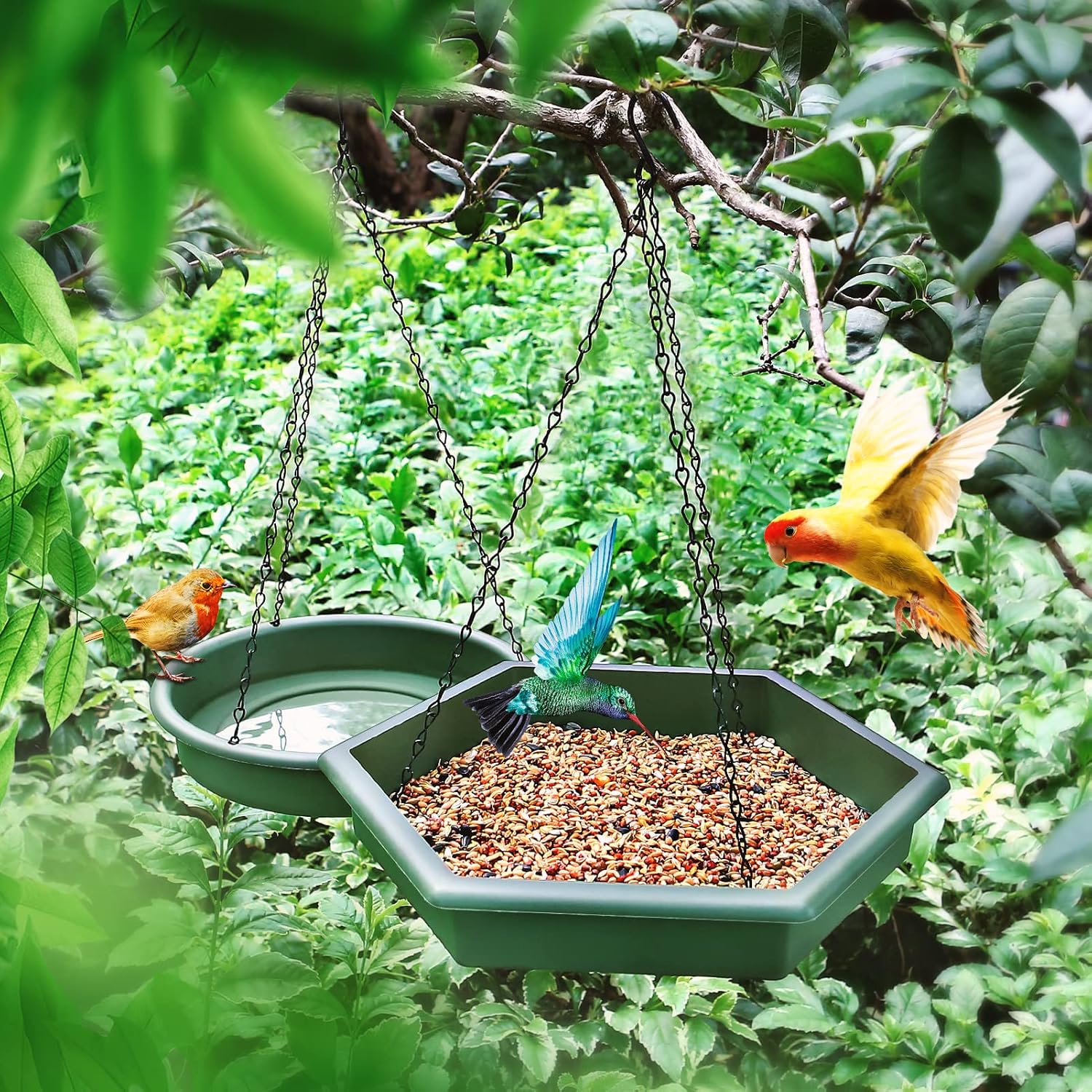 Hanging Bird Bath,2 in 1 XL Hanging Bird Feeder & Birds Bath for Outside, Birds Water Feeder,Tray for Outdoors Garden Patio Decoration - Image 4
