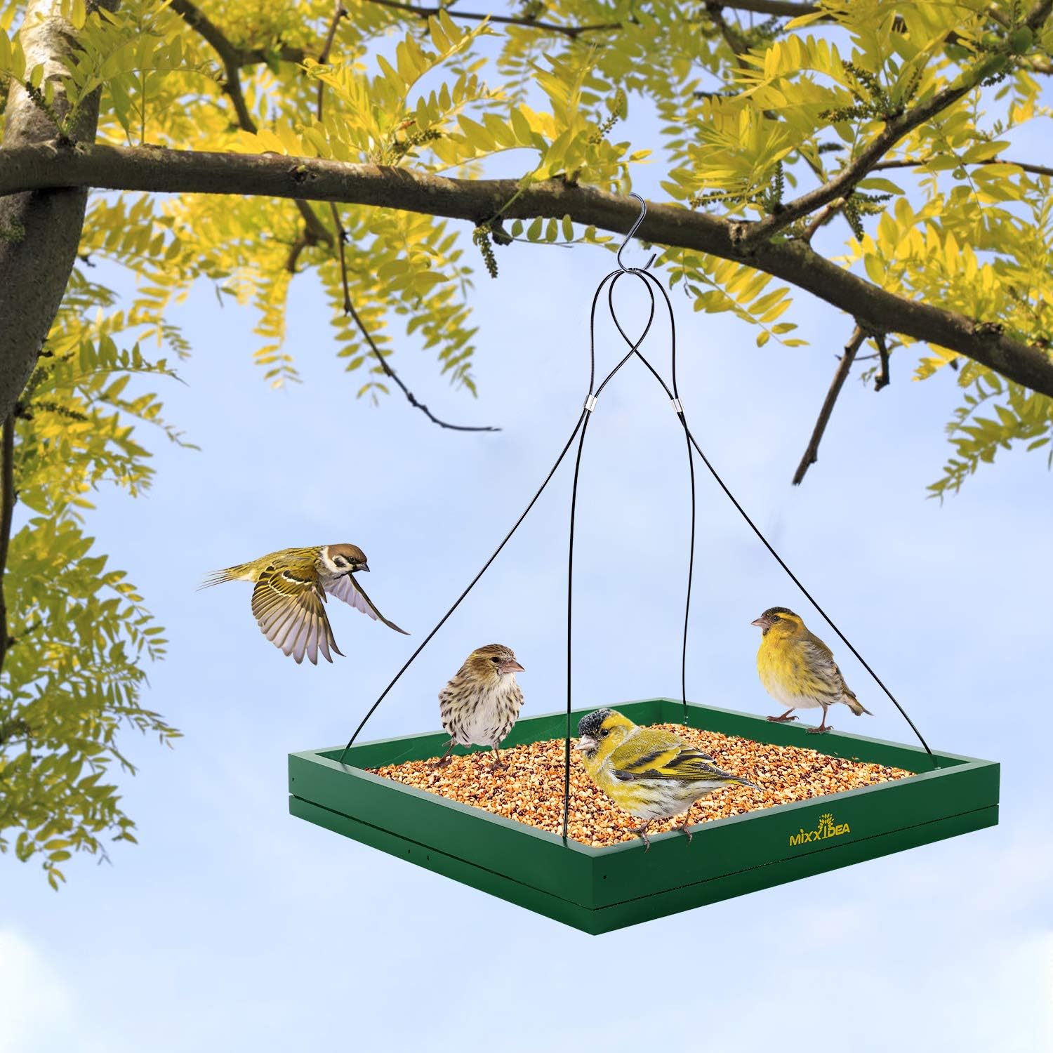 MIXXIDEA Bird Feeder Hanging Tray, Bird Feeders for Outdoors, Wooden Seed Tray Platform Mesh Seed Platform for Garden Yard Outside Decoration Attracting for Wild Birds (Green-1pk) - Image 7