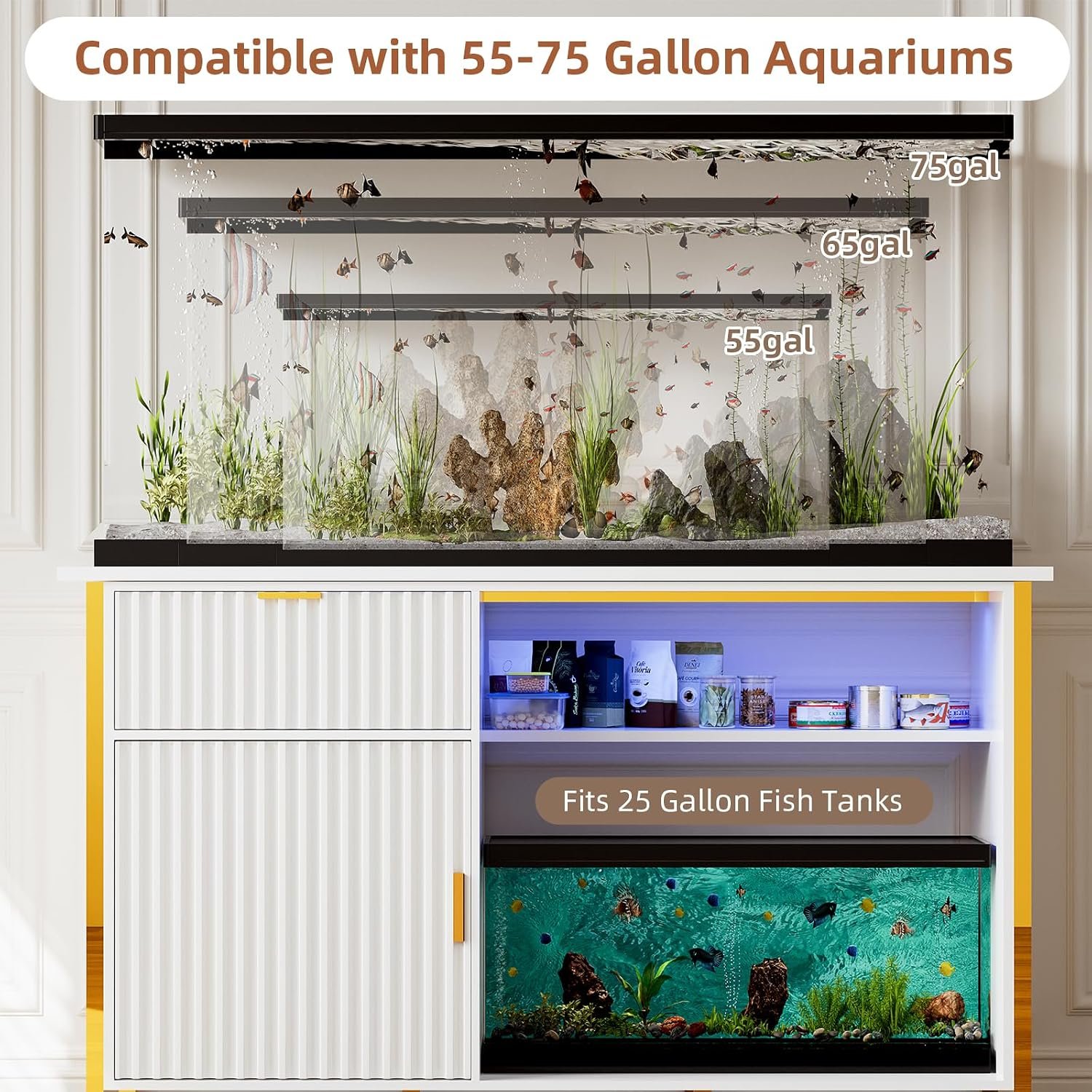 55-75 Gallon Fish Tank Stand, Aquarium Stand with LED Light, White & Gold | 49 x 20 In Top, Modern Fluted Design, 2 Outlets, 2 USB Ports, Shelf Storage, Metal Frame Support, 1100 LBS, Turtle Tank Stand - Image 6